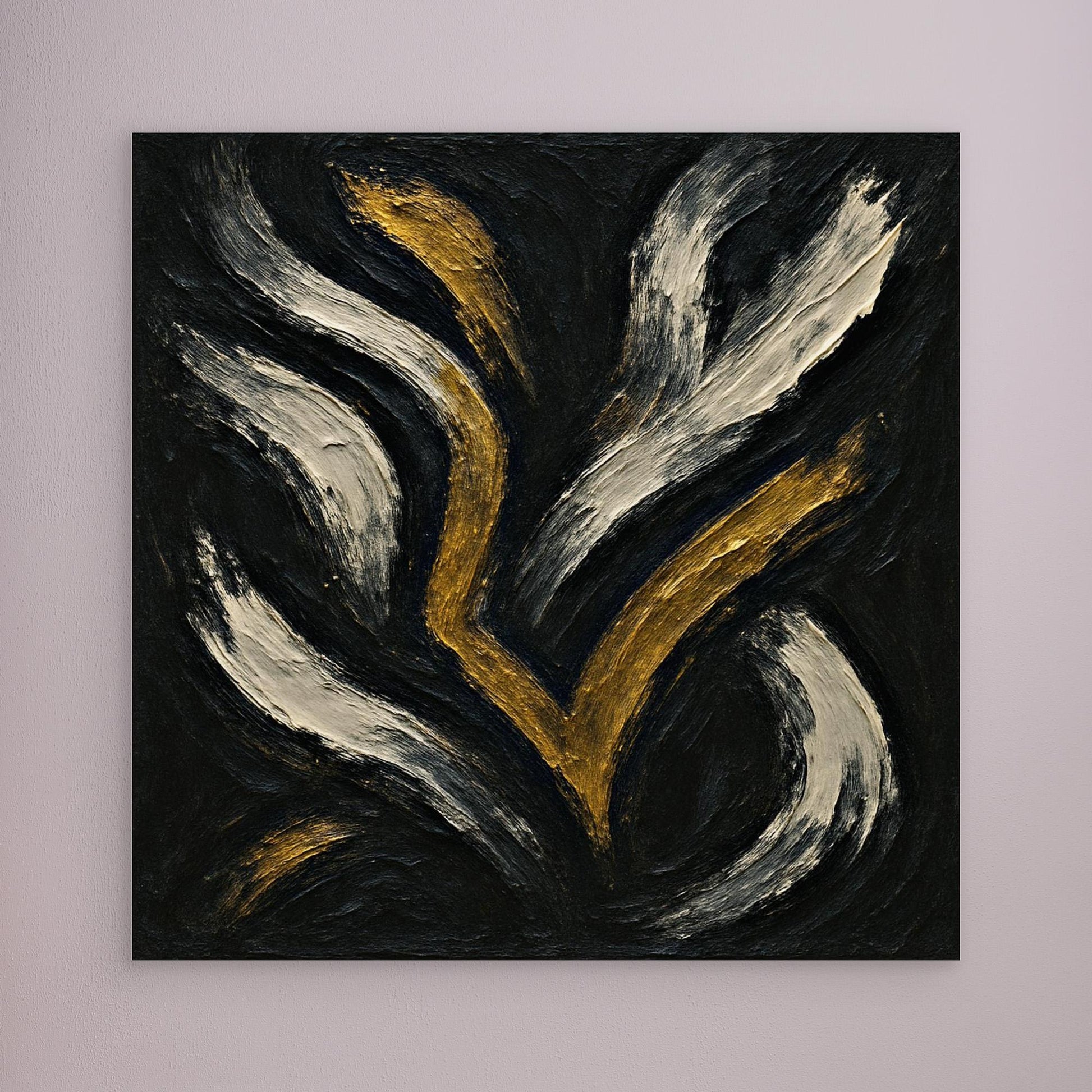 Gold and White Abstract Canvas Wall Art – Flowing Brush Design