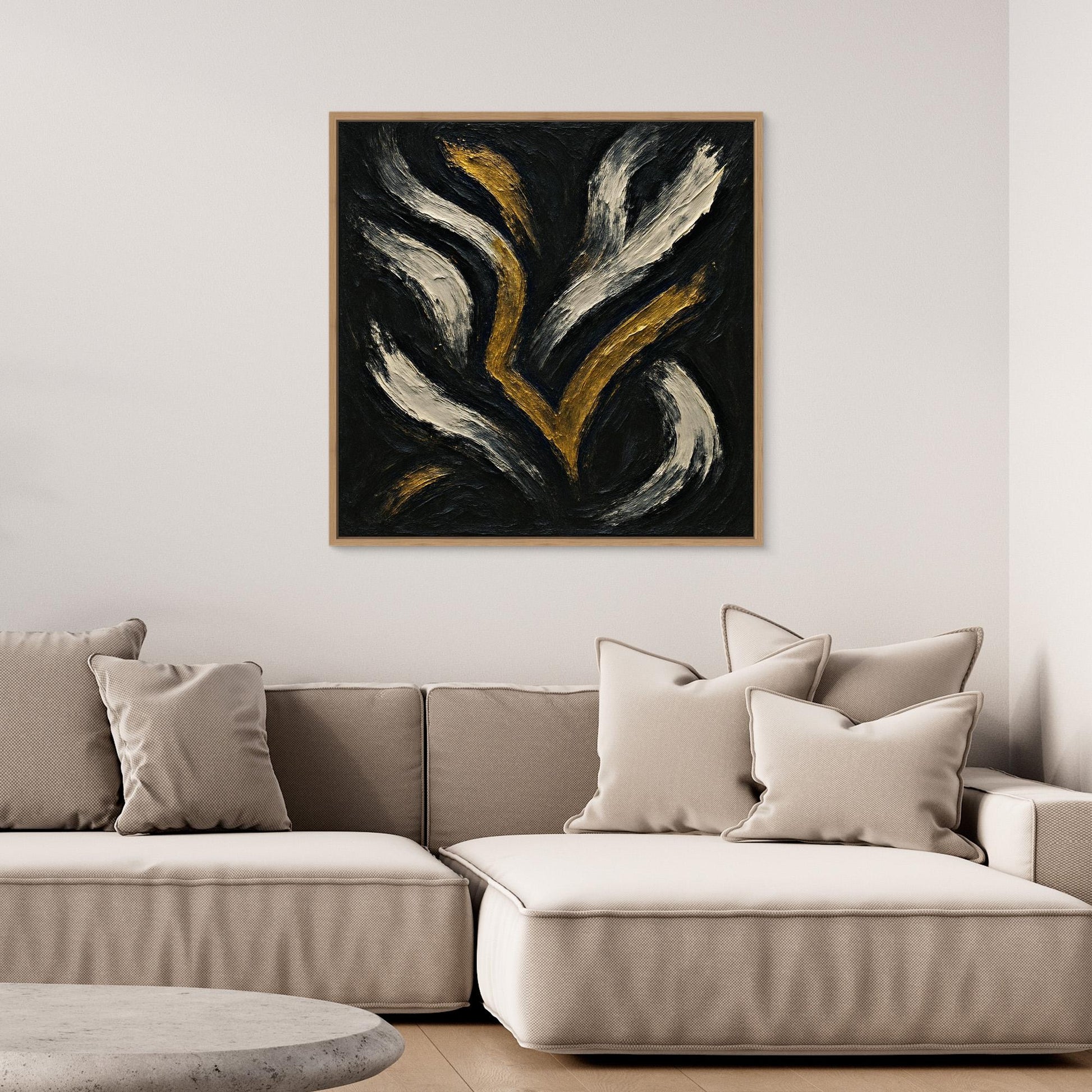 Gold and White Abstract Canvas Wall Art – Flowing Brush Design