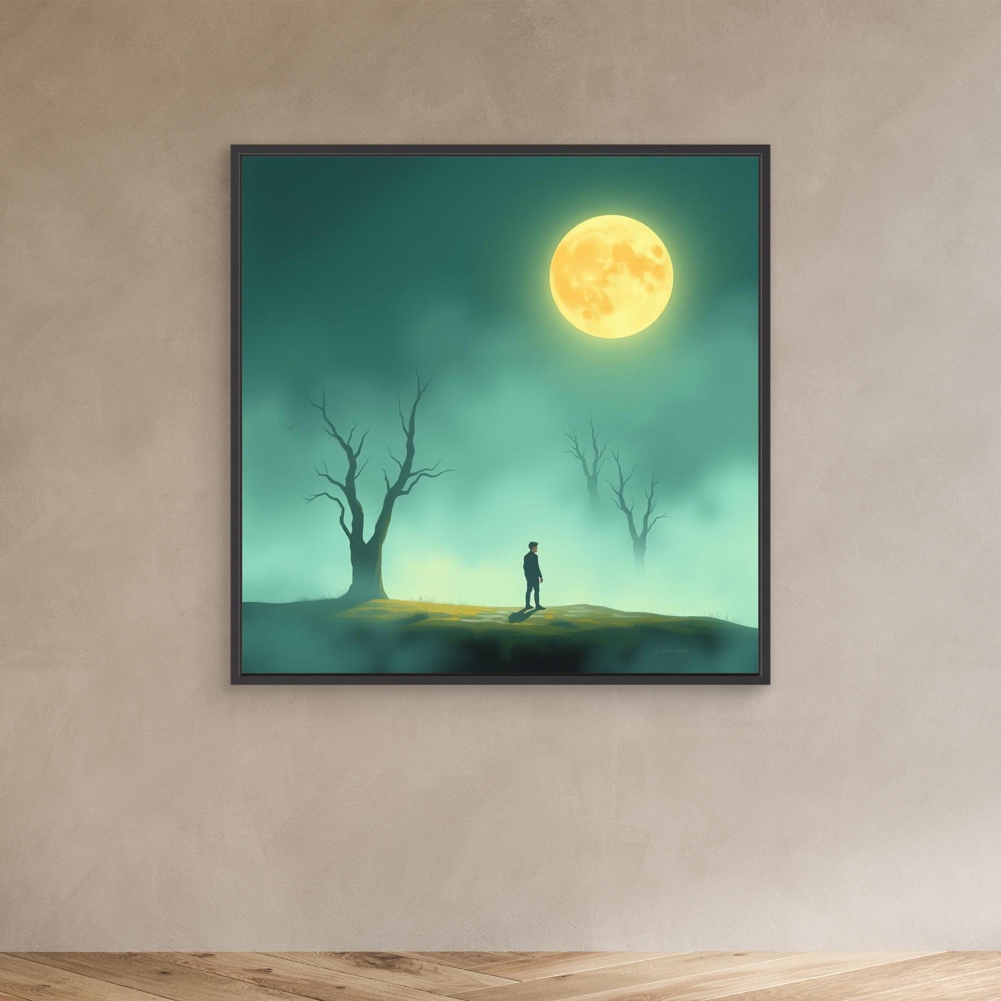 Minimalist Moonlight Silence – Serene Canvas Wall Art in Fog and Full Moonlight