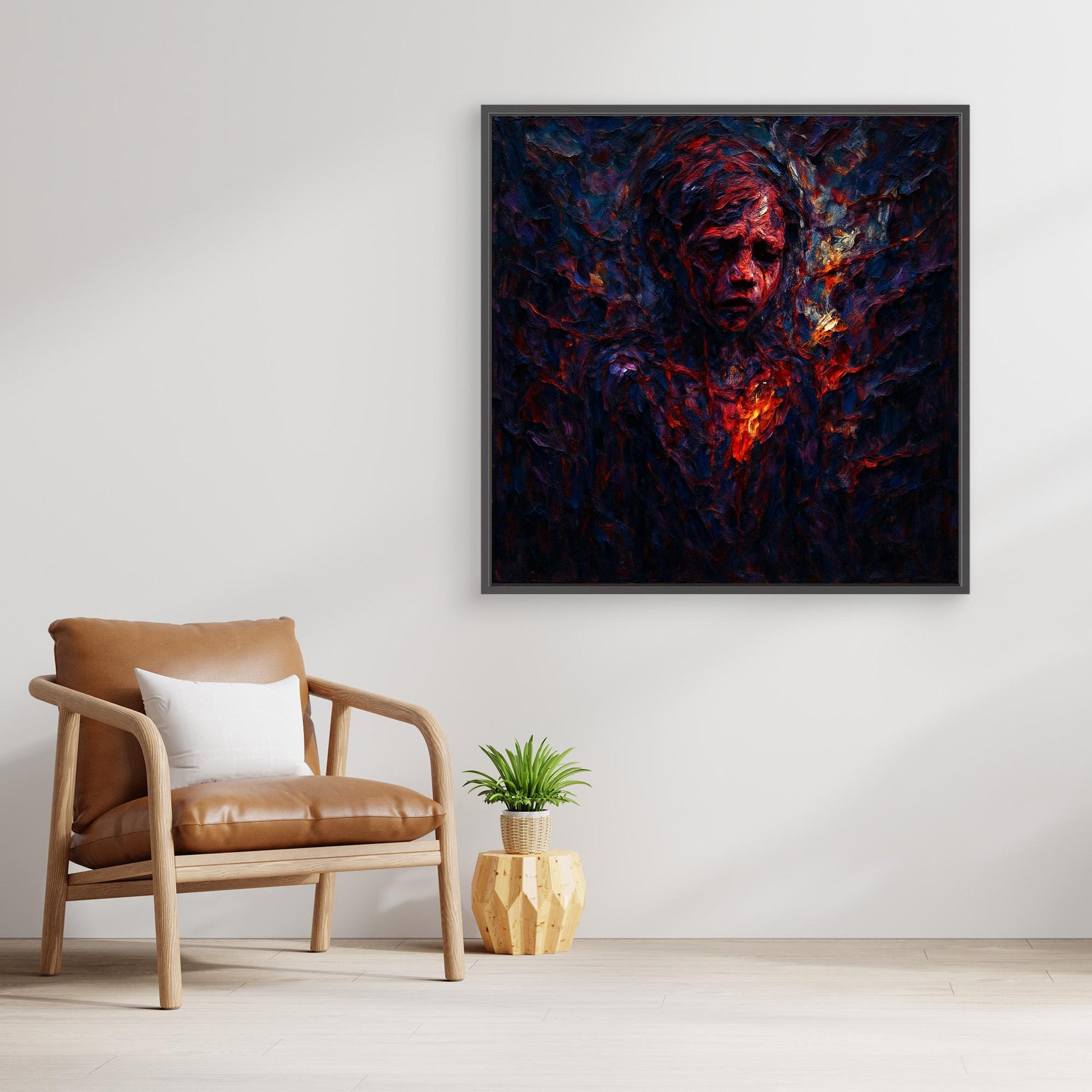 Figurative Fire Portrait – Dark Emotional Canvas Wall Art