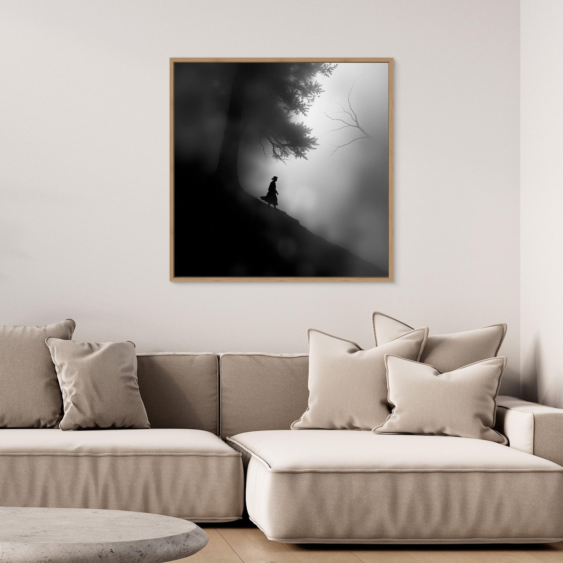 Mystic Walk Through the Fog – Black and White Nature Canvas Wall Art