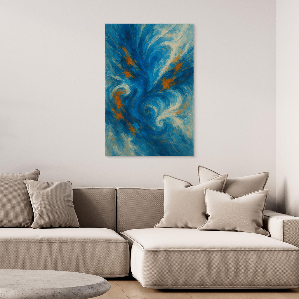Abstract Ocean Swirl Canvas Wall Art – Blue and Orange Brush Texture