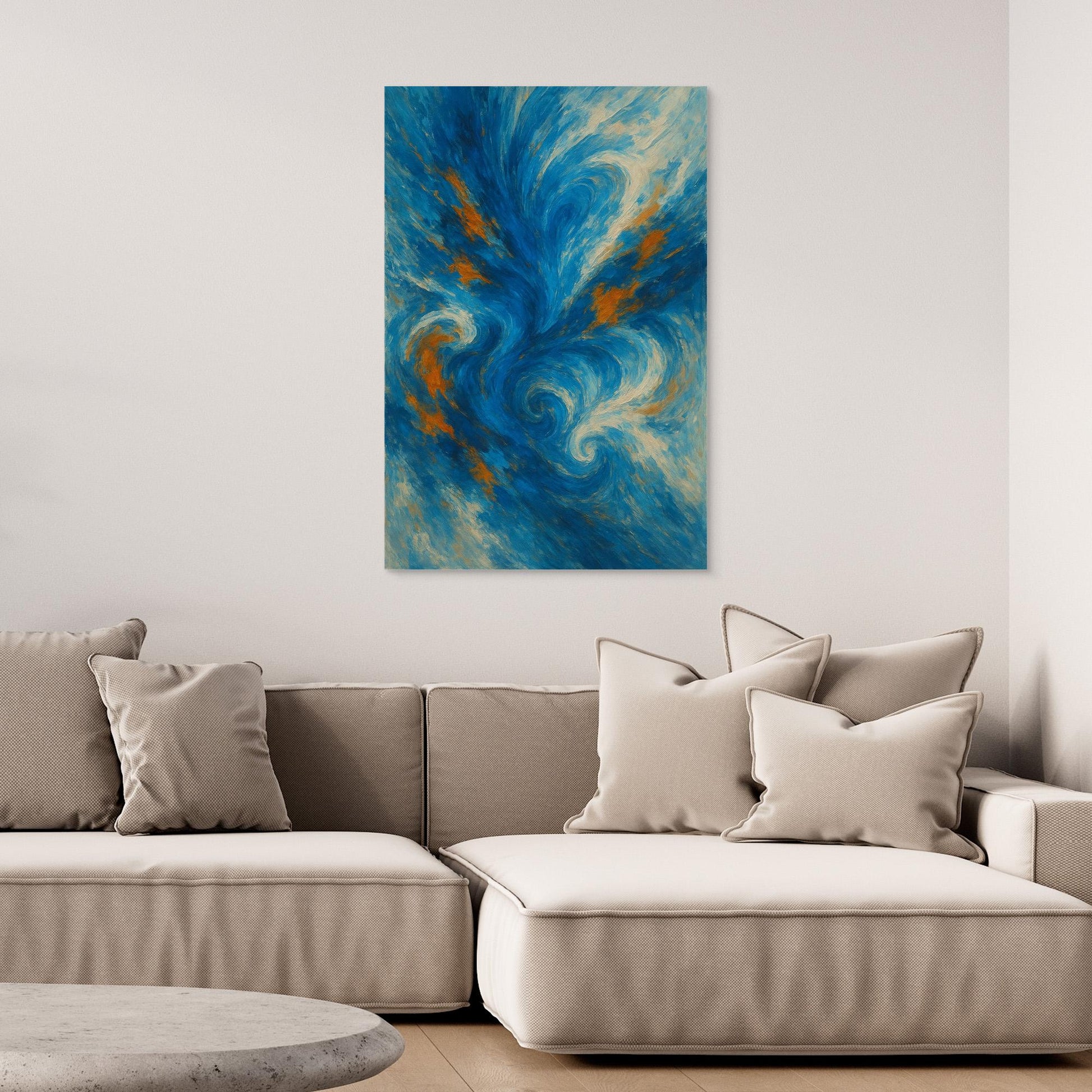 Abstract Ocean Swirl Canvas Wall Art – Blue and Orange Brush Texture