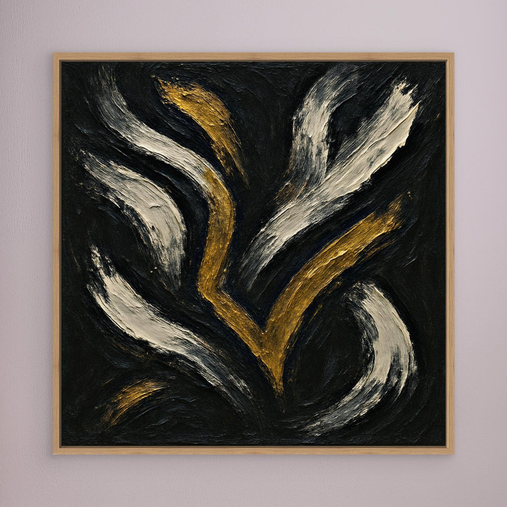 Gold and White Abstract Canvas Wall Art – Flowing Brush Design