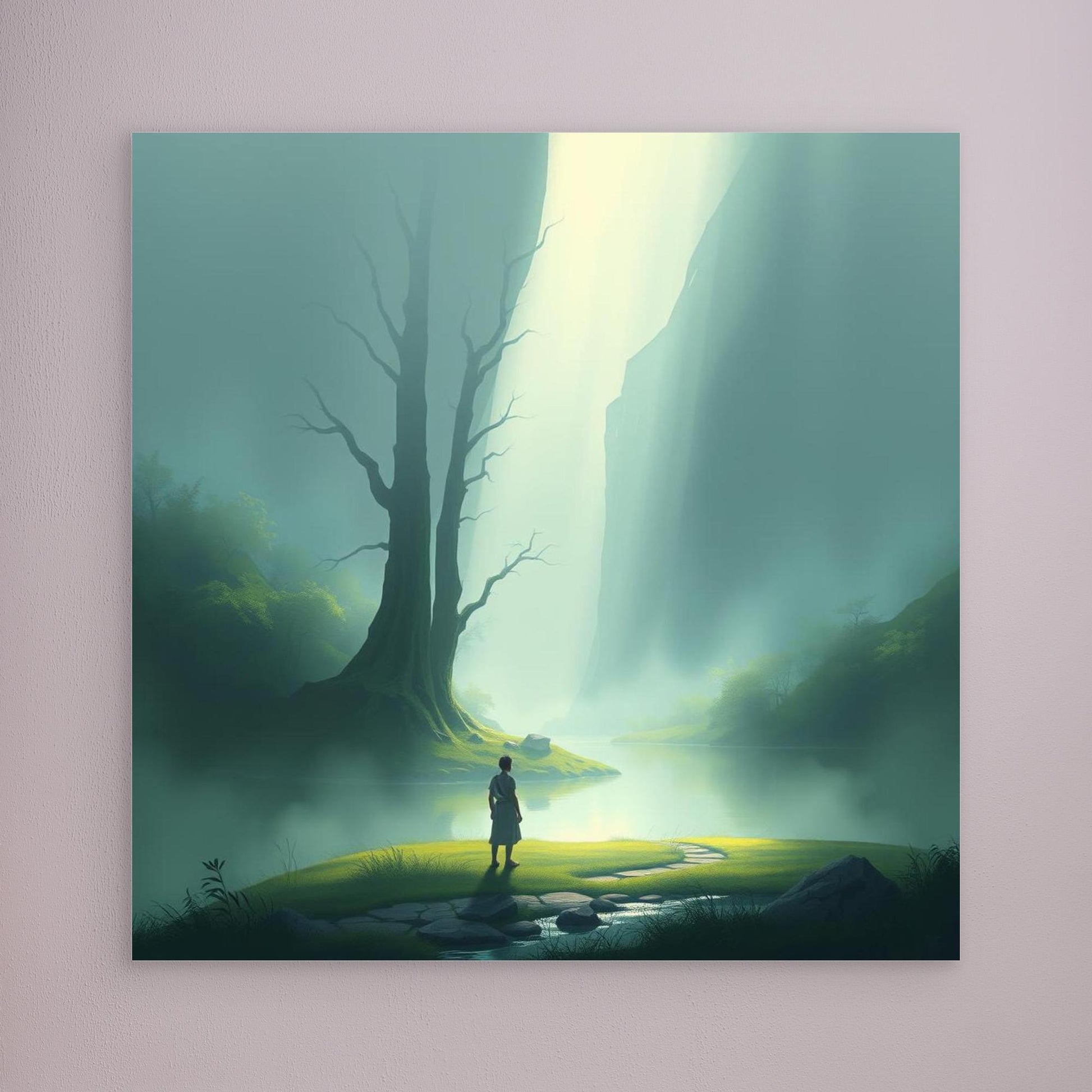 Misty Valley Awakening – Minimalist Nature Canvas Wall Art with Soft Light and Serenity