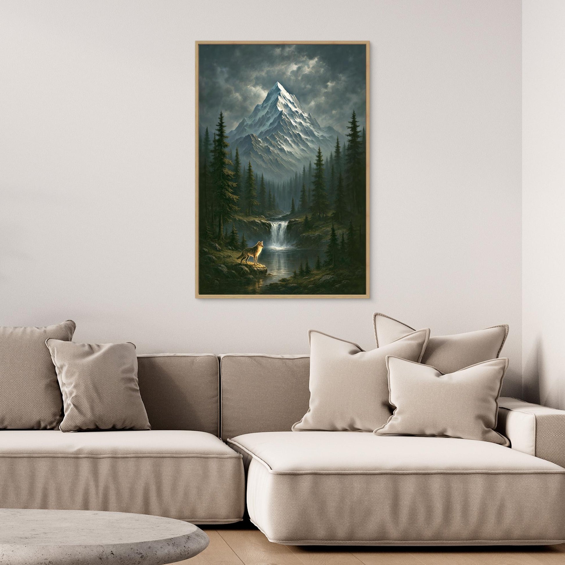 Wilderness Spirit – Wolf, Waterfall & Snowy Mountain Canvas Print