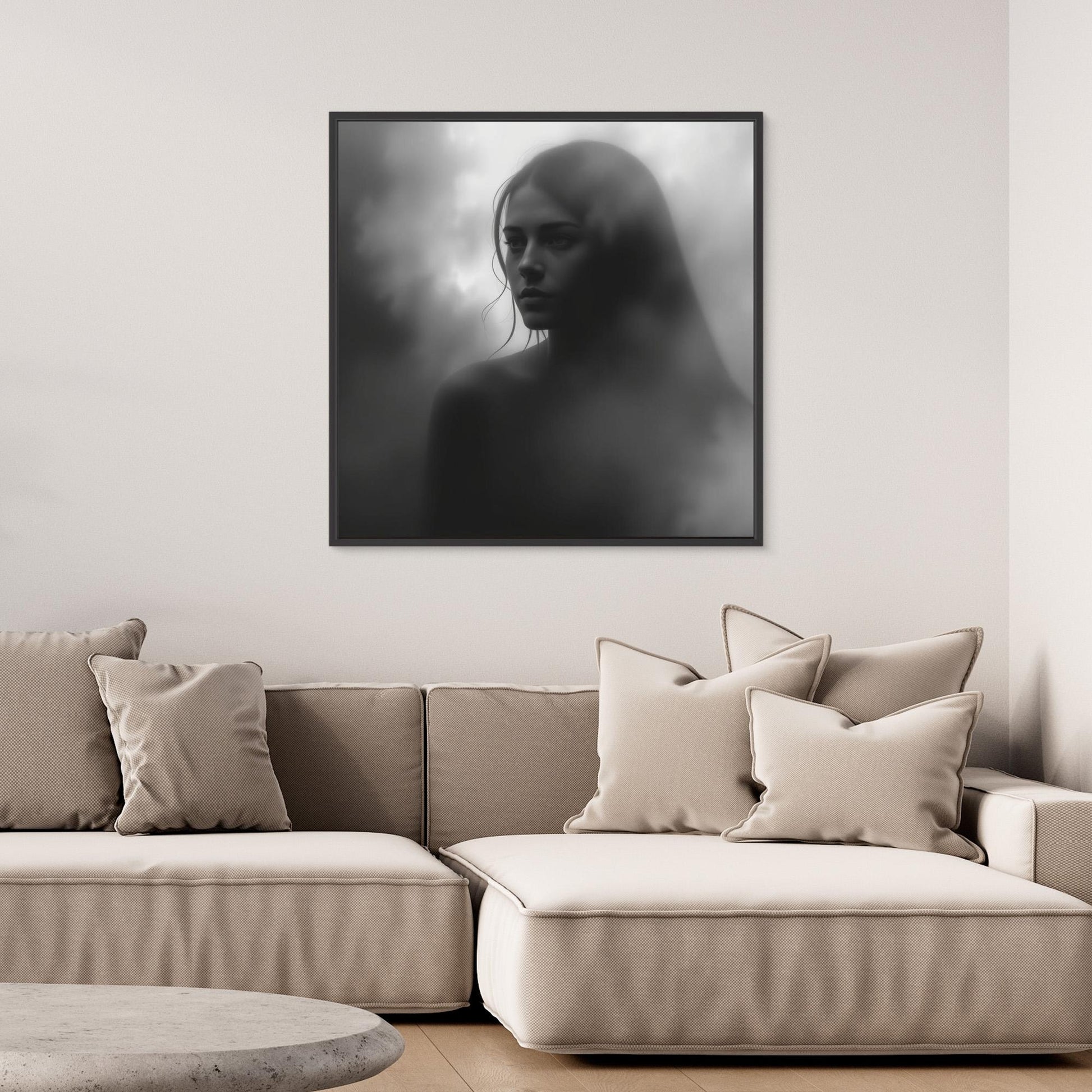 Veiled in Shadows – Black and White Portrait Canvas Print | Emotional Fine Art Photography