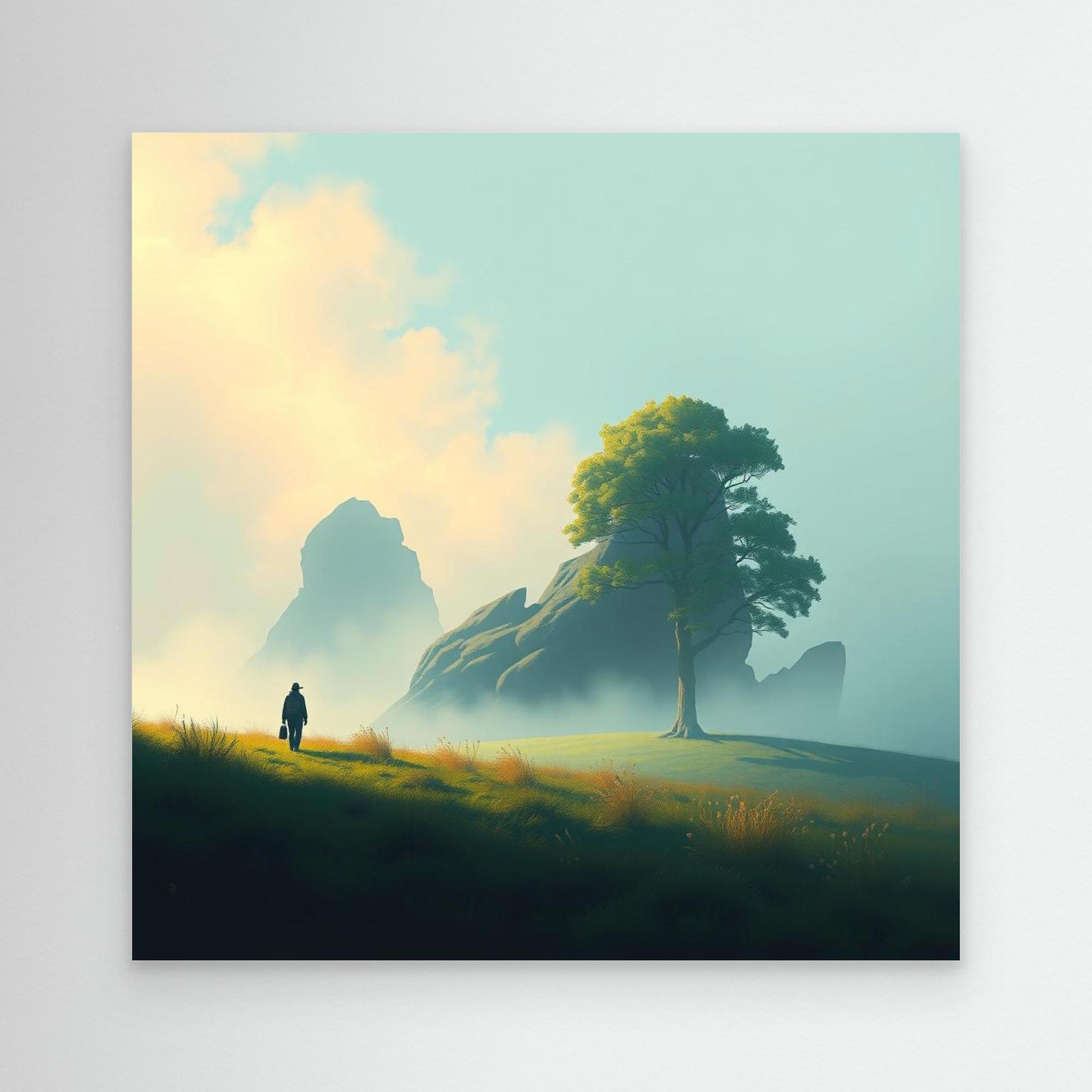 Lone Journey – Minimalist Nature Canvas Print | Serene Landscape Wall Art with Tree and Mountains