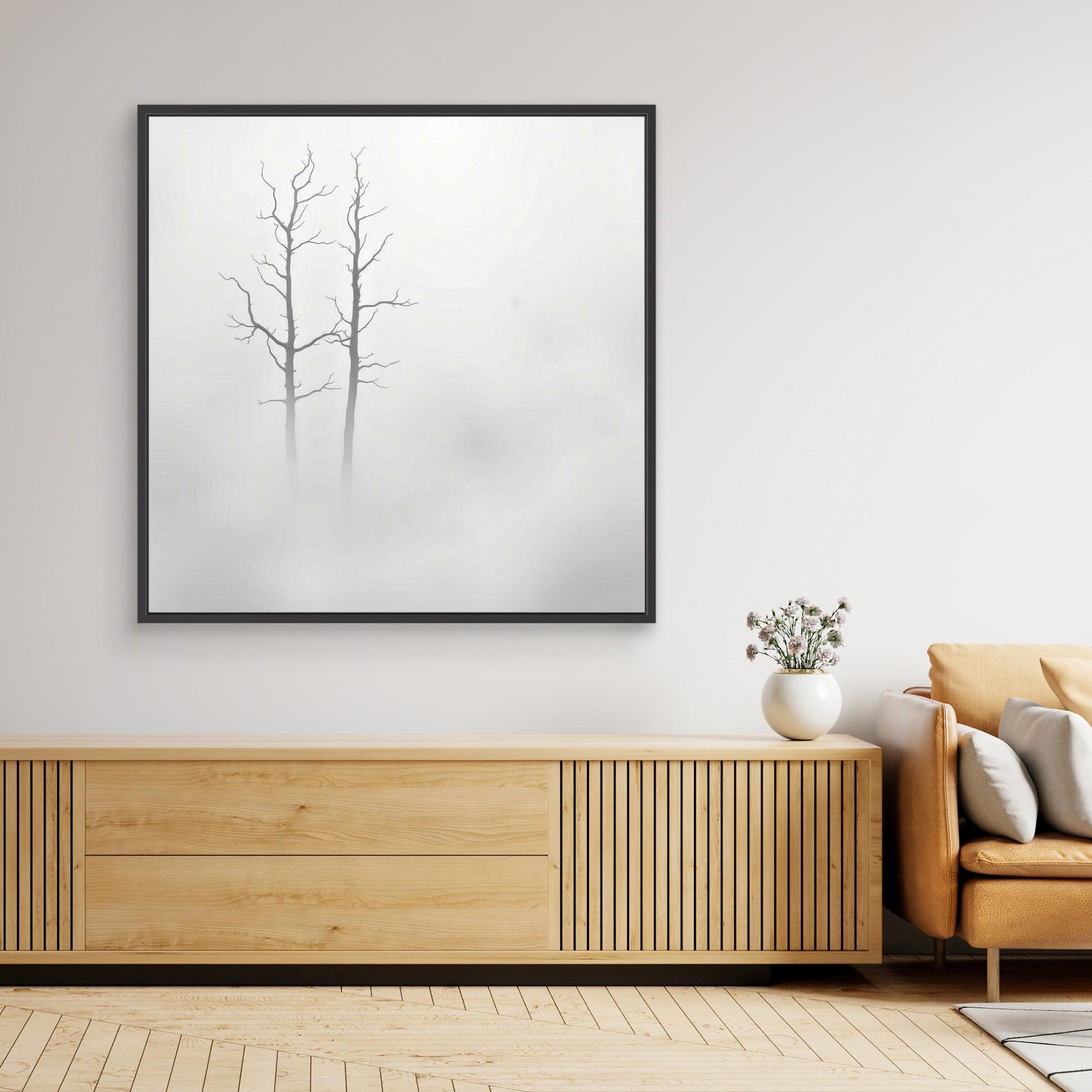 Echoes in the Fog – Minimalist Black and White Nature Canvas Art | Misty Trees Wall Decor