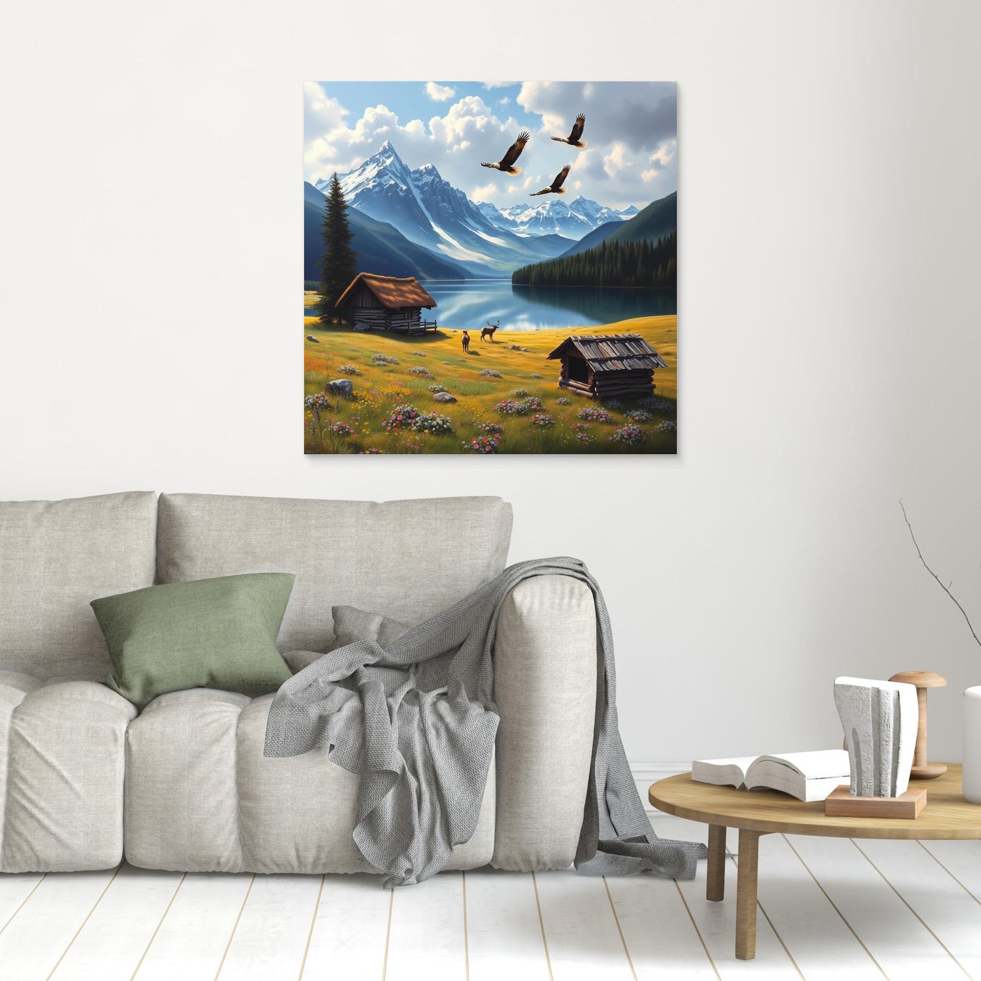 Golden Meadow Escape – Cabin, Eagles & Deer in Mountain Valley