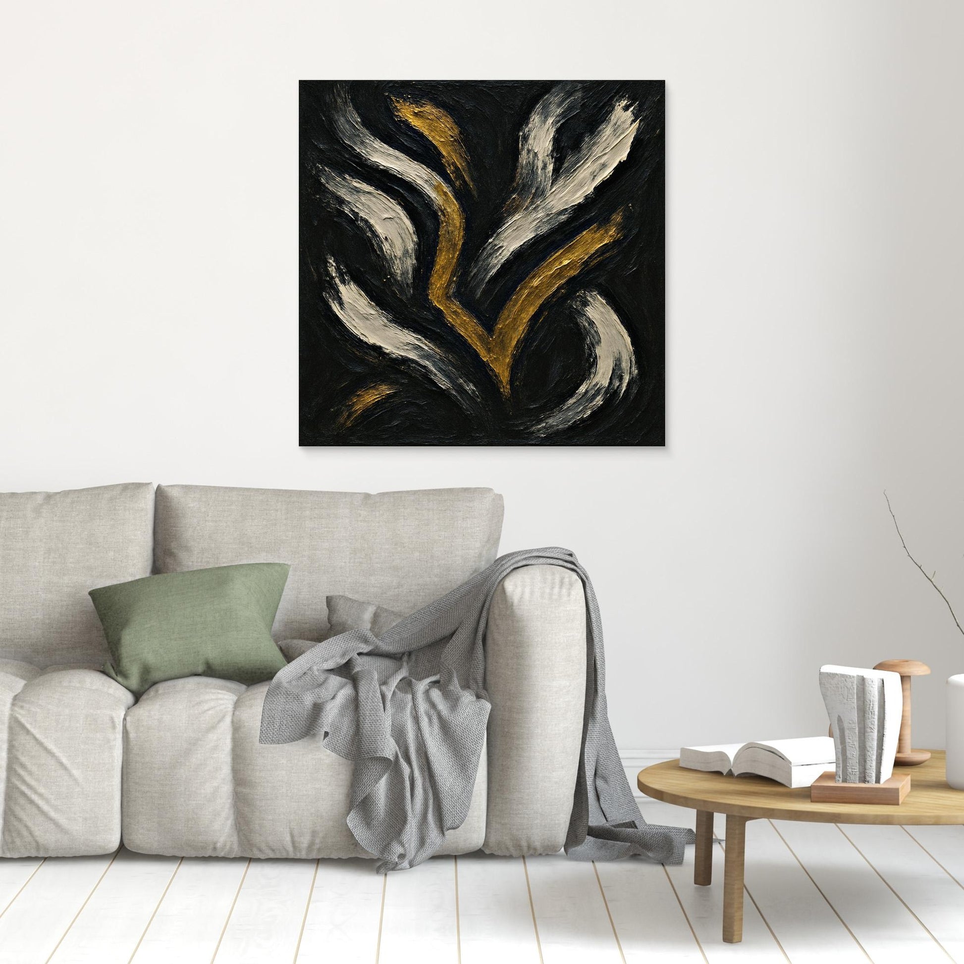 Gold and White Abstract Canvas Wall Art – Flowing Brush Design