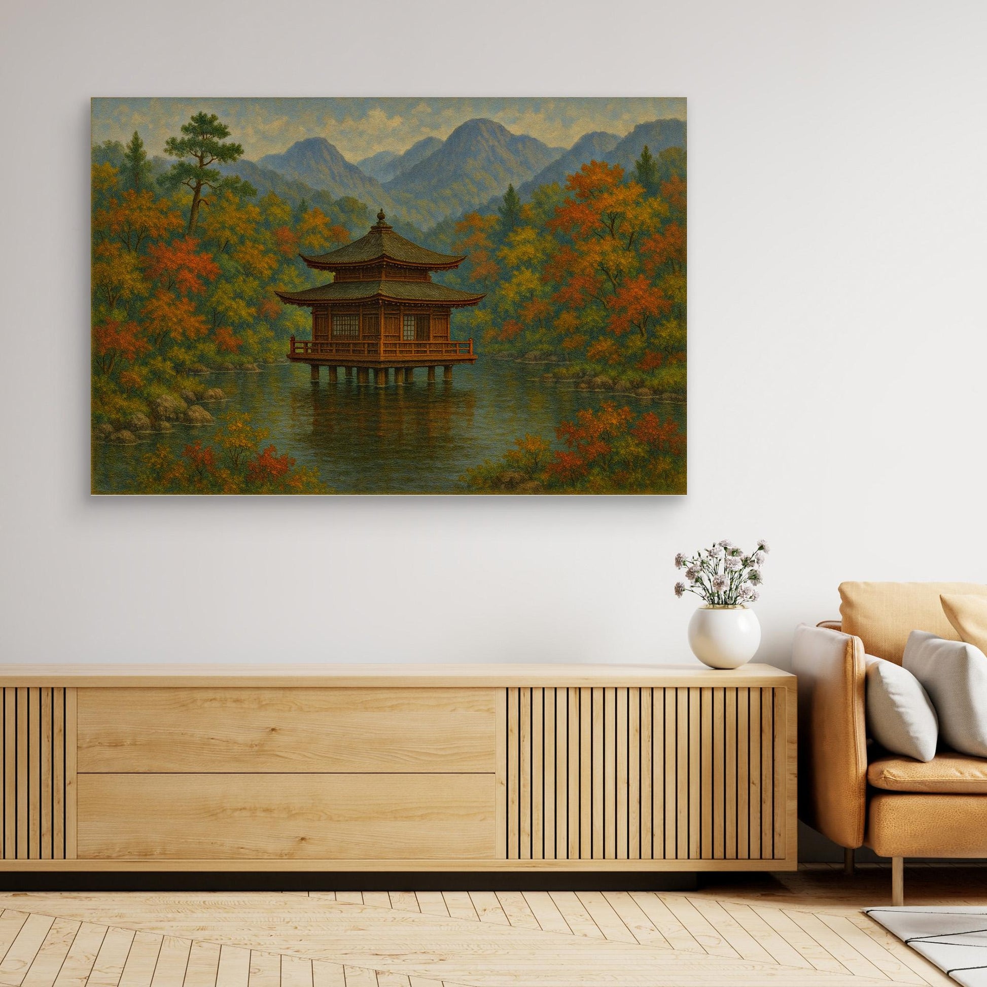 Tranquil Japanese Temple in Autumn – Zen Landscape Canvas Wall Art