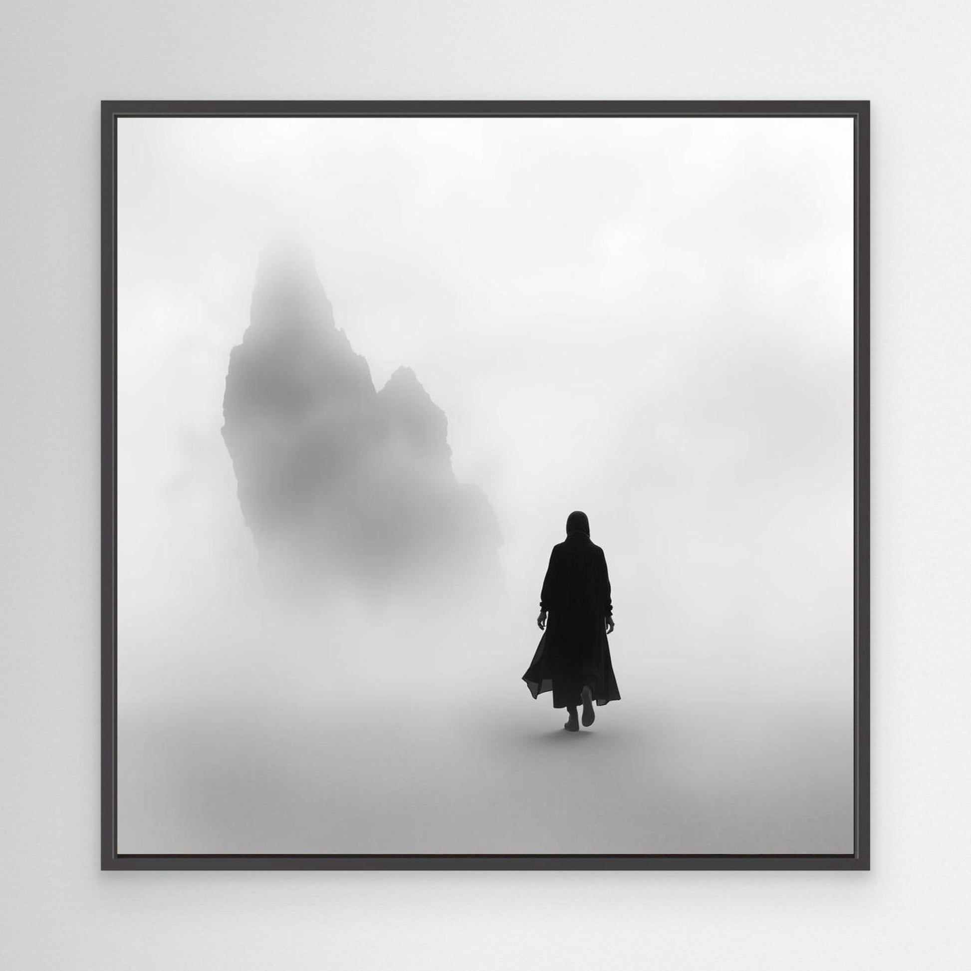 Into the Silence – Minimalist Black and White Canvas Art of Solitary Figure in Foggy Landscape