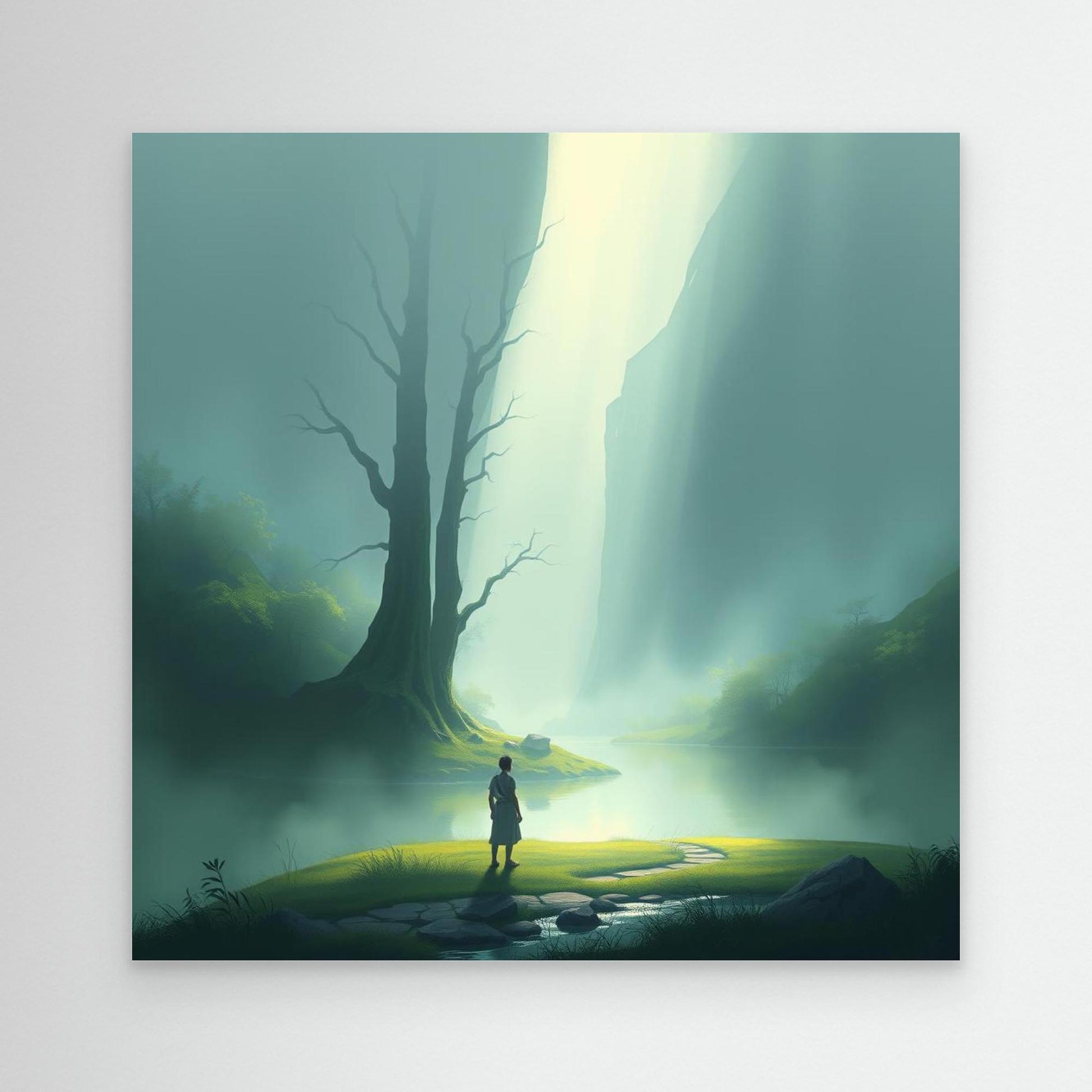 Misty Valley Awakening – Minimalist Nature Canvas Wall Art with Soft Light and Serenity