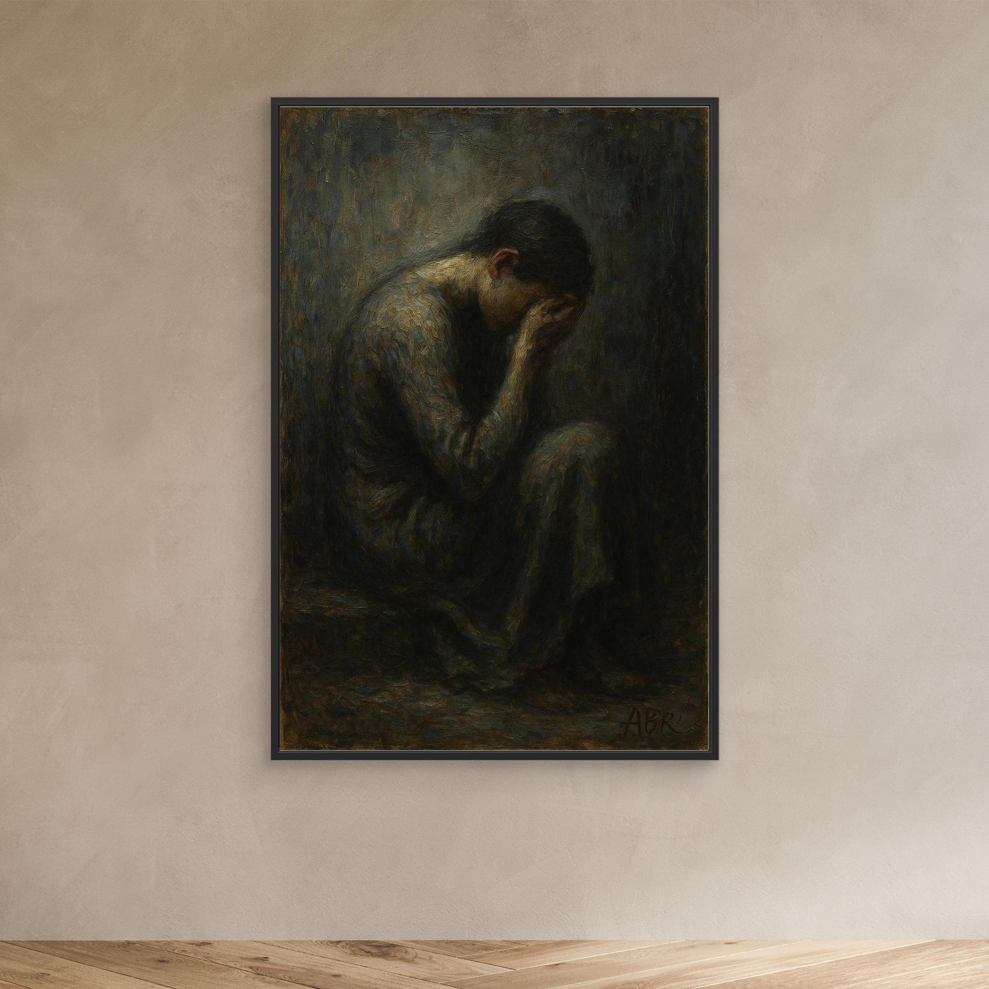 Dark Figurative Canvas Wall Art – Grief in Silence