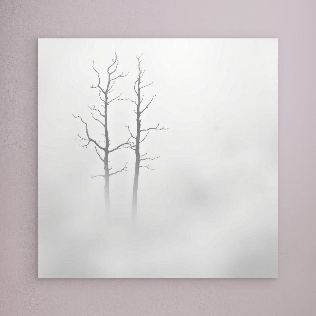 Echoes in the Fog – Minimalist Black and White Nature Canvas Art | Misty Trees Wall Decor