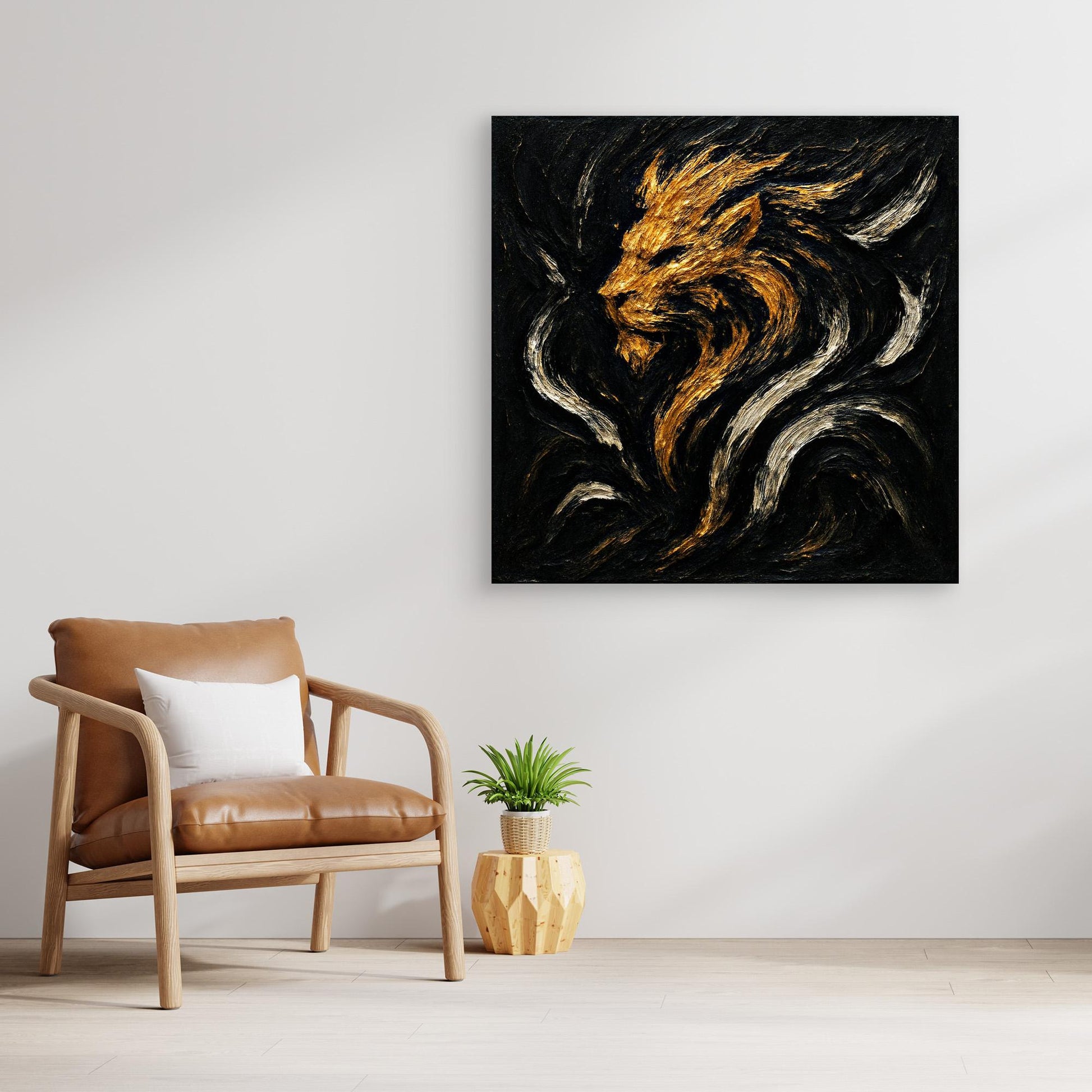 Abstract Lion Canvas Wall Art – Gold and Black Modern Print