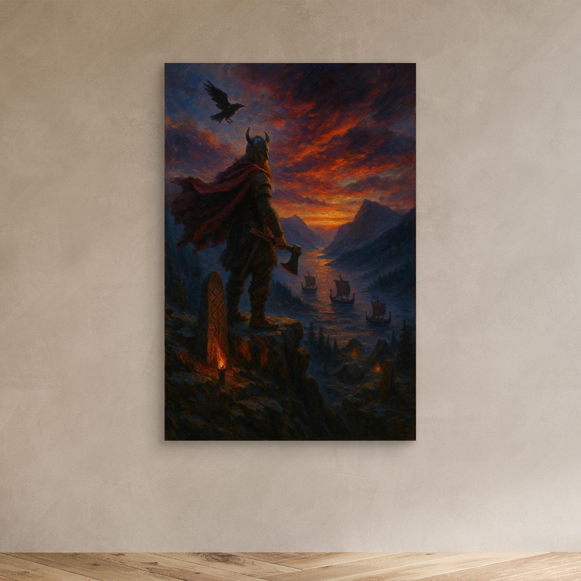 Viking Warrior Canvas Wall Art – Norse Sunset Print