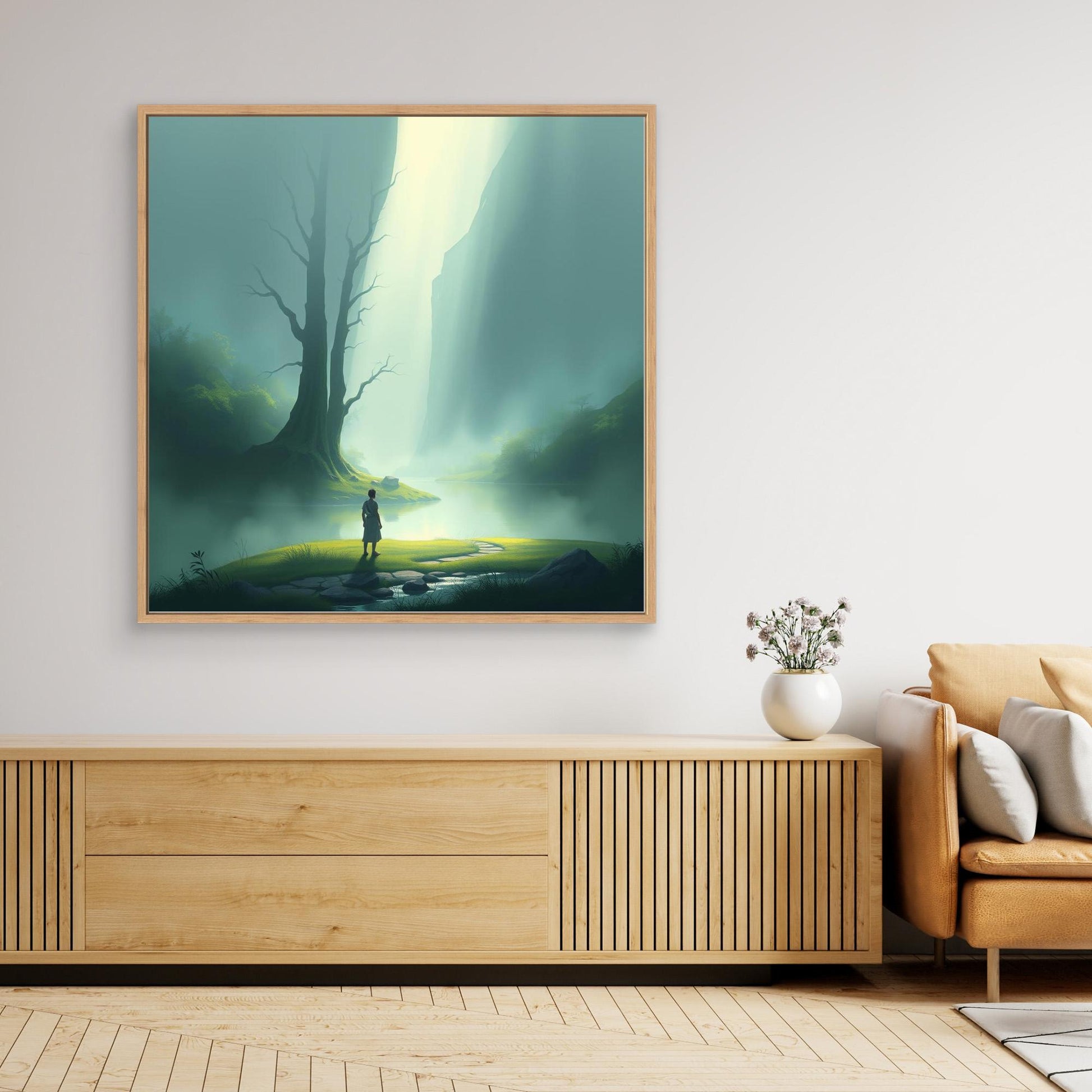 Misty Valley Awakening – Minimalist Nature Canvas Wall Art with Soft Light and Serenity