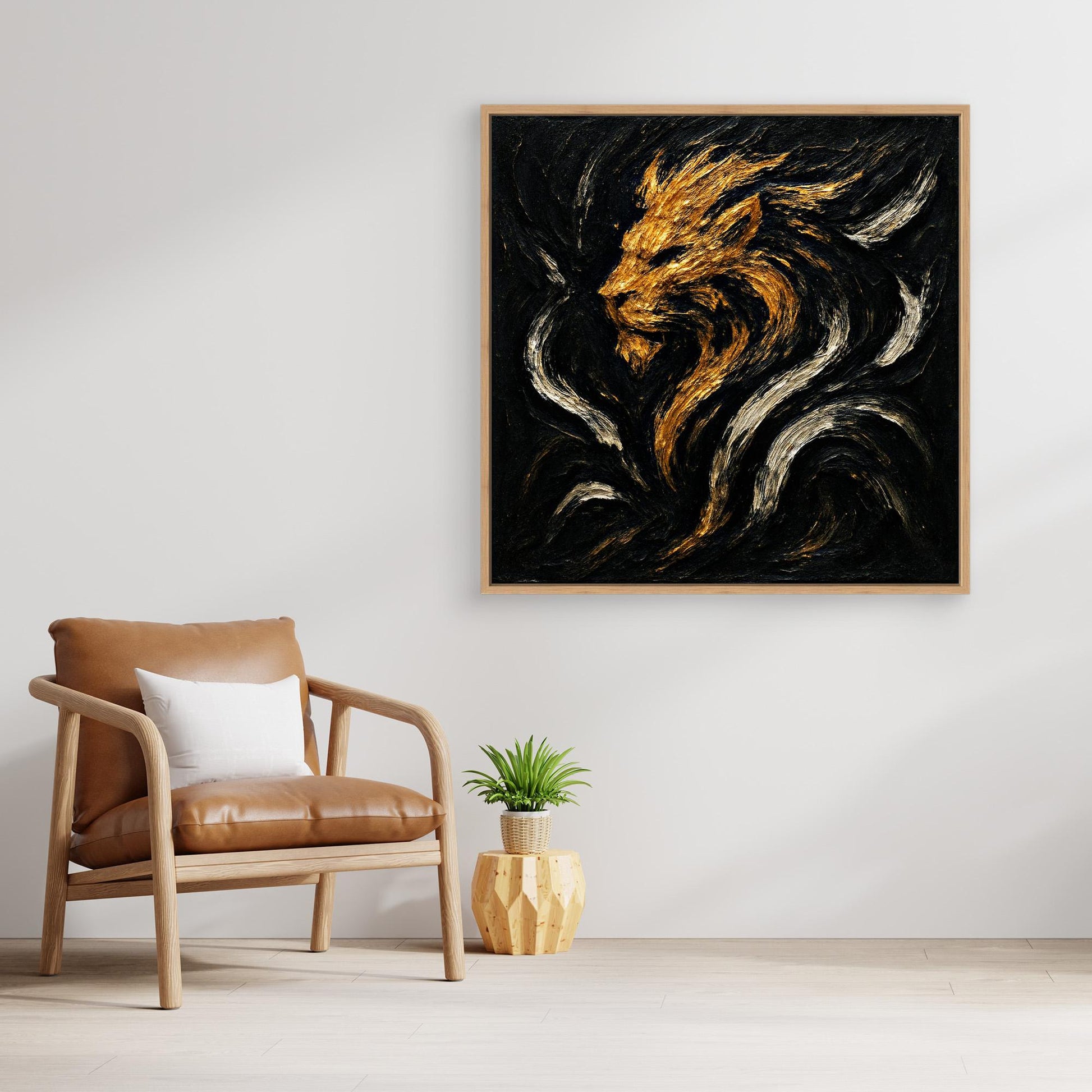 Abstract Lion Canvas Wall Art – Gold and Black Modern Print