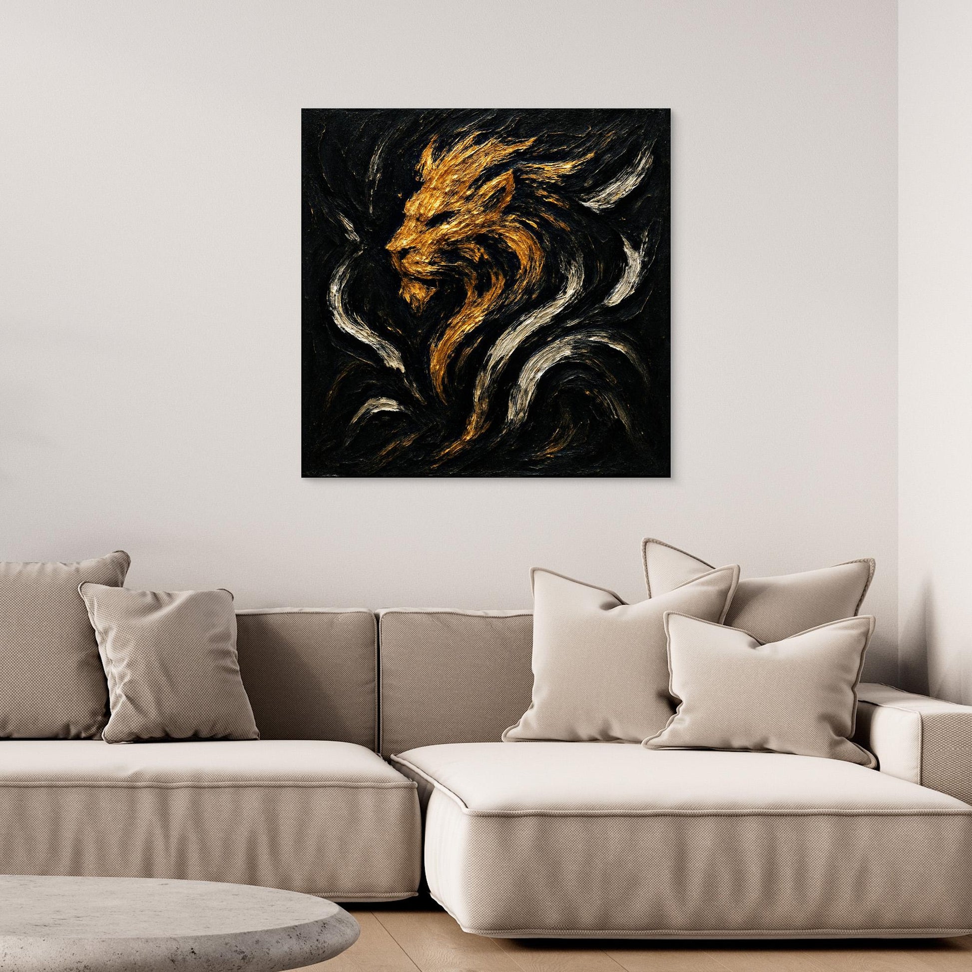 Abstract Lion Canvas Wall Art – Gold and Black Modern Print