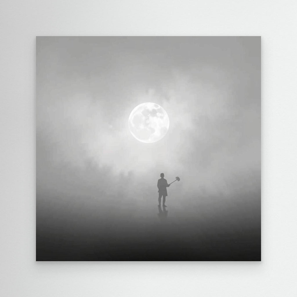 The Digger of Dreams – Minimalist Misty Landscape Art with Full Moon & Shovel Silhouette”