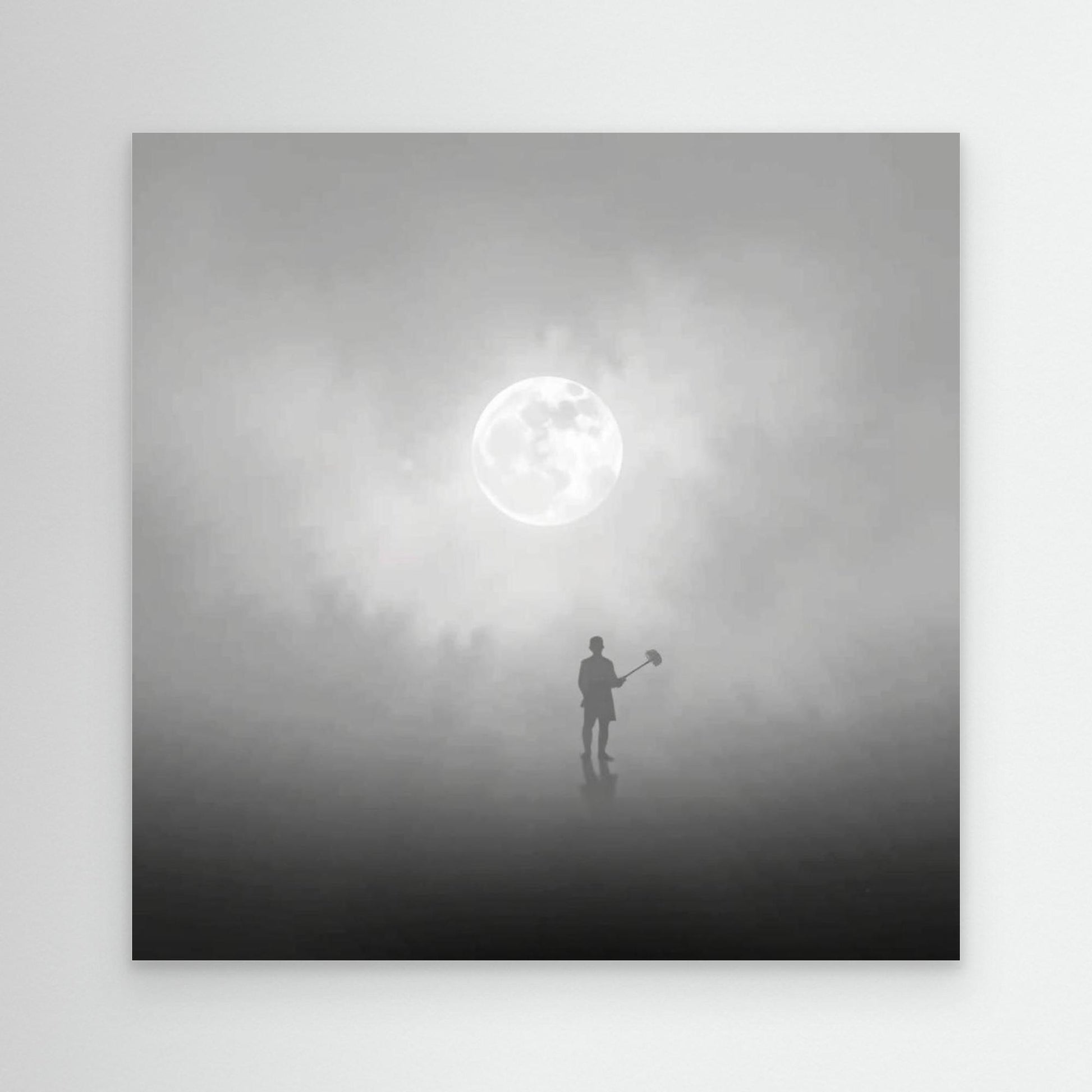 The Digger of Dreams – Minimalist Misty Landscape Art with Full Moon & Shovel Silhouette”