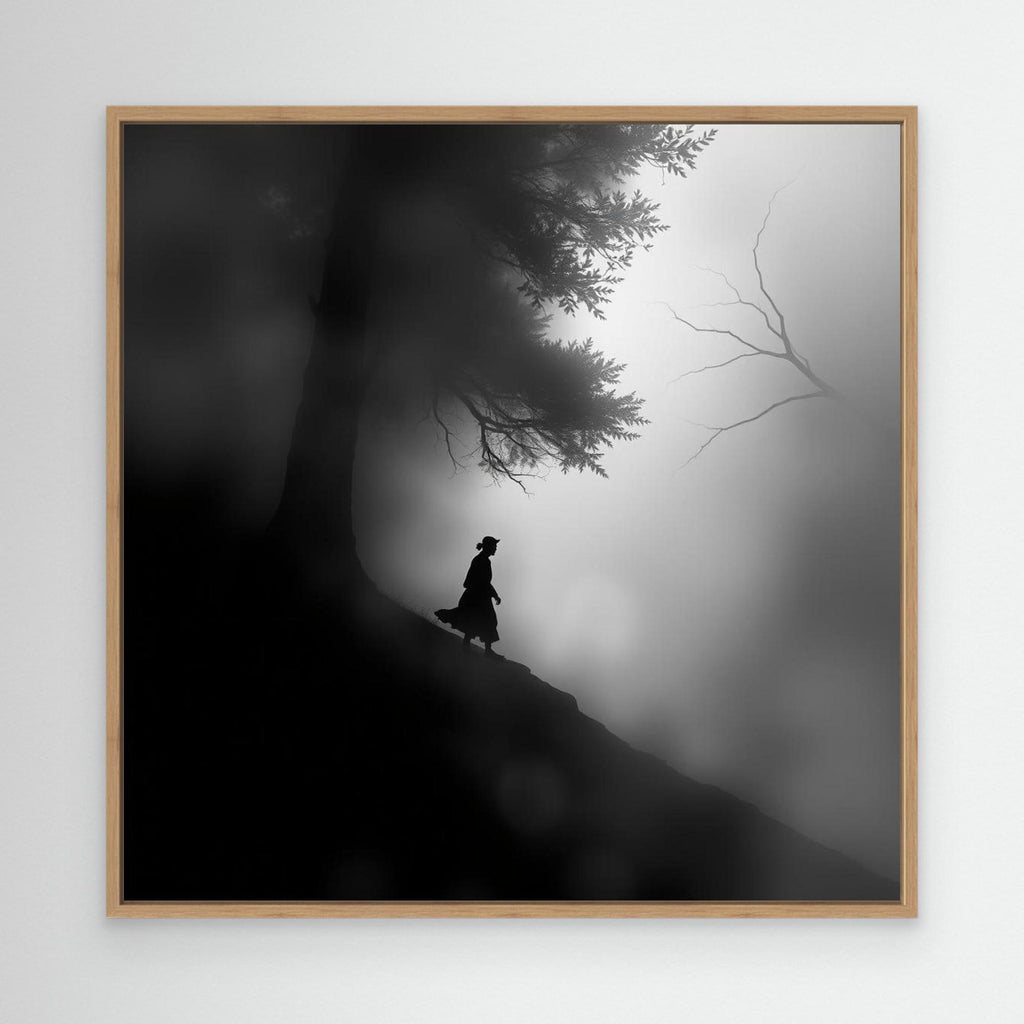 Mystic Walk Through the Fog – Black and White Nature Canvas Wall Art