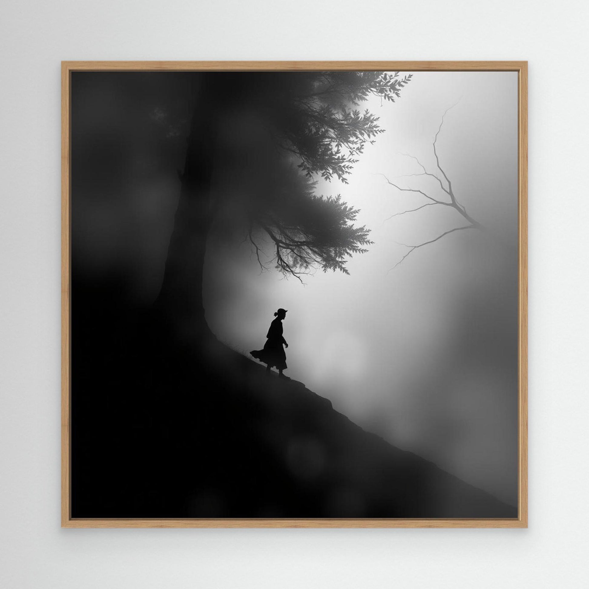 Mystic Walk Through the Fog – Black and White Nature Canvas Wall Art