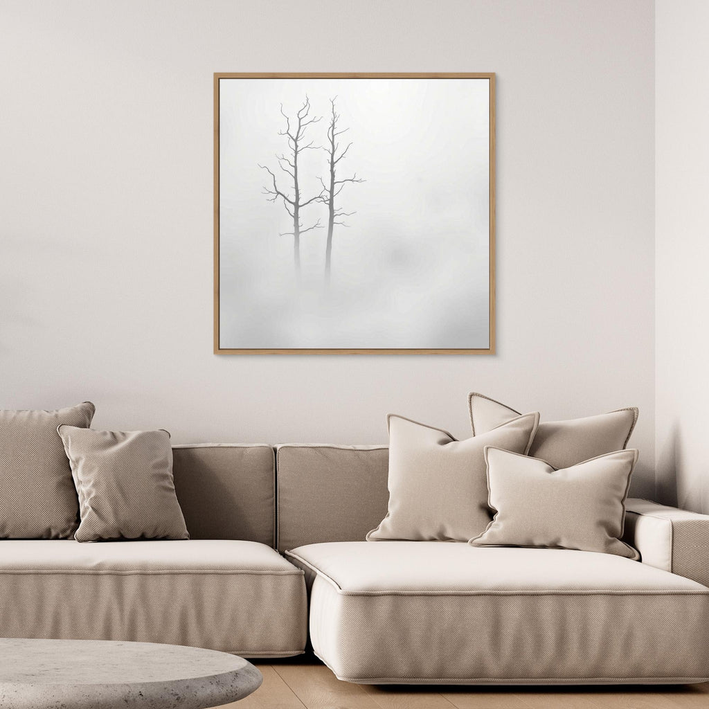 Echoes in the Fog – Minimalist Black and White Nature Canvas Art | Misty Trees Wall Decor