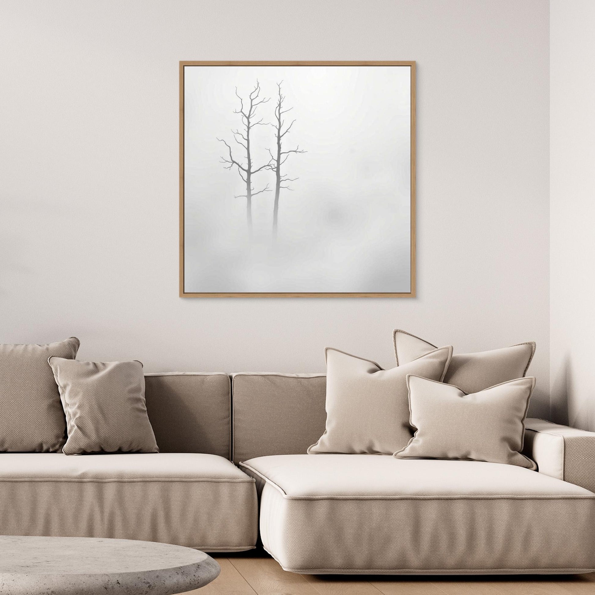 Echoes in the Fog – Minimalist Black and White Nature Canvas Art | Misty Trees Wall Decor