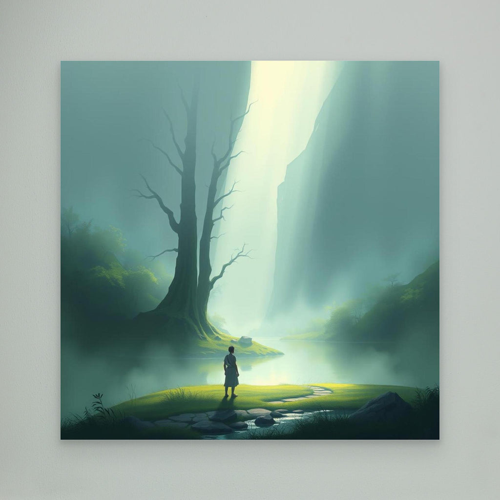 Misty Valley Awakening – Minimalist Nature Canvas Wall Art with Soft Light and Serenity