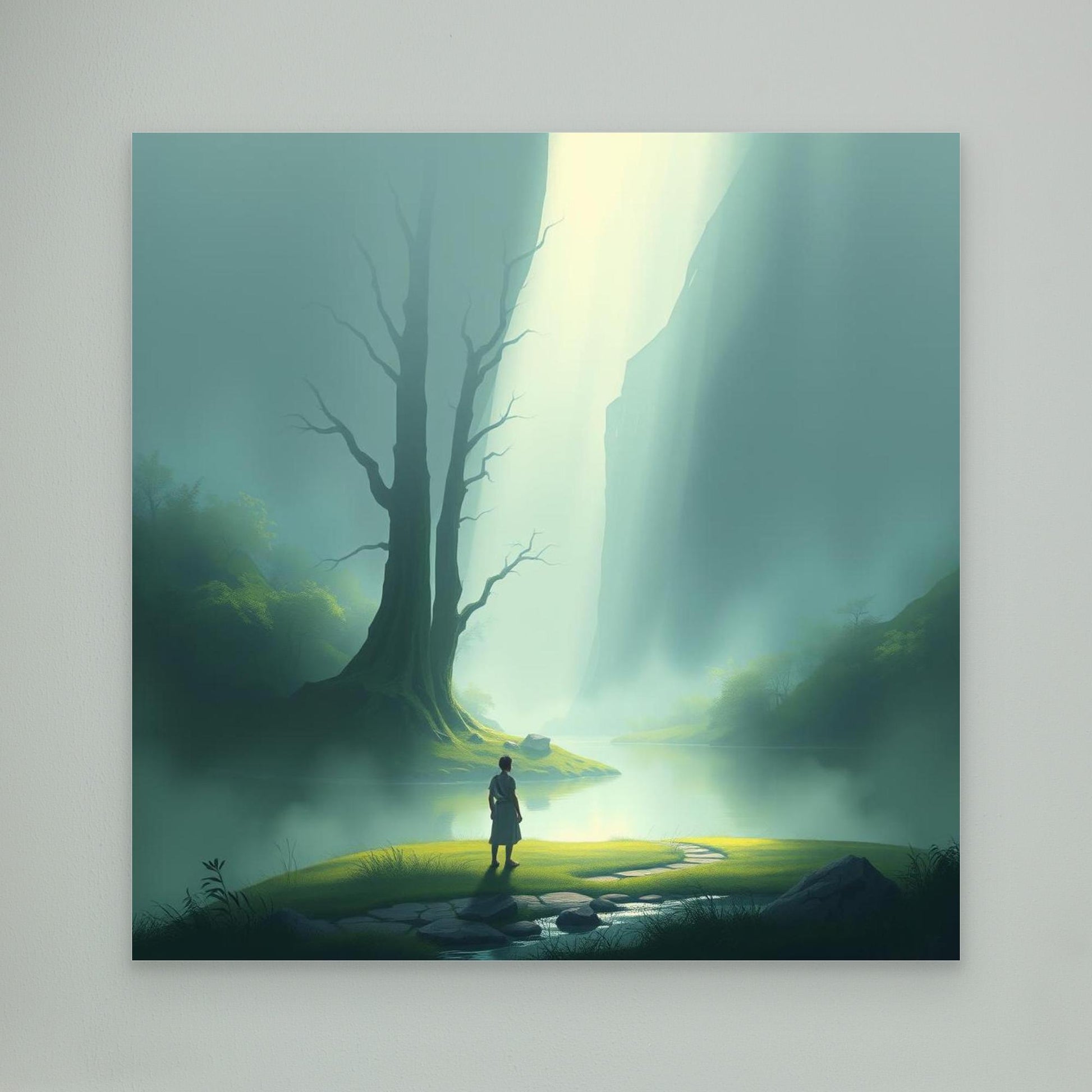 Misty Valley Awakening – Minimalist Nature Canvas Wall Art with Soft Light and Serenity