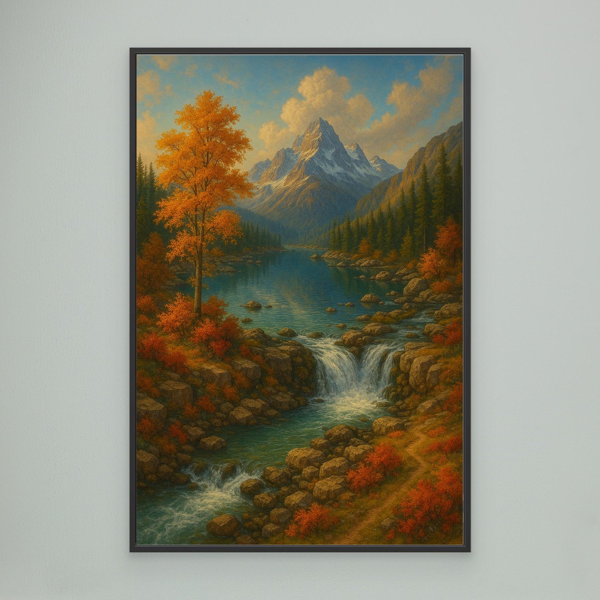 Mountain Waterfall Canvas Wall Art – Autumn Nature Landscape Print