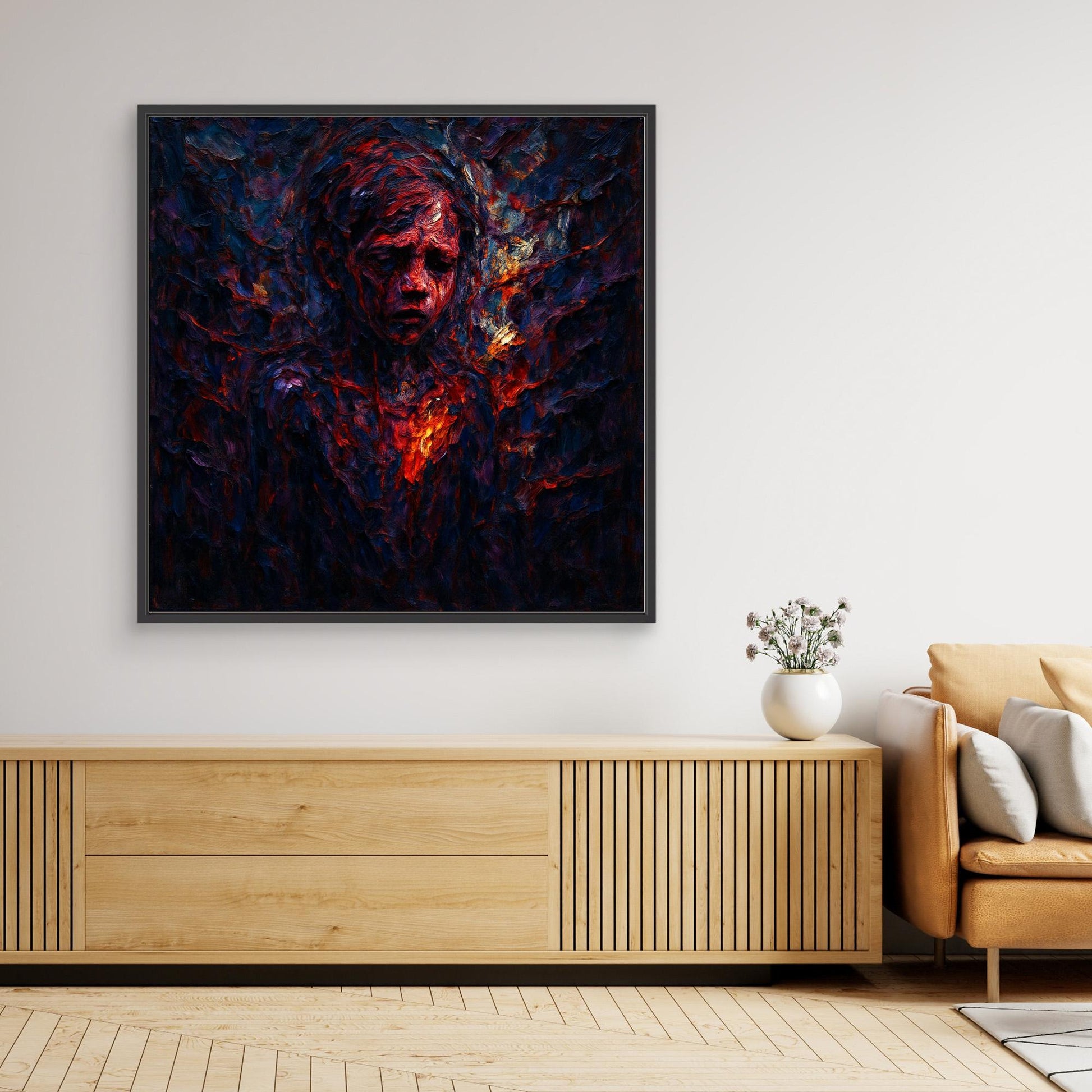Figurative Fire Portrait – Dark Emotional Canvas Wall Art
