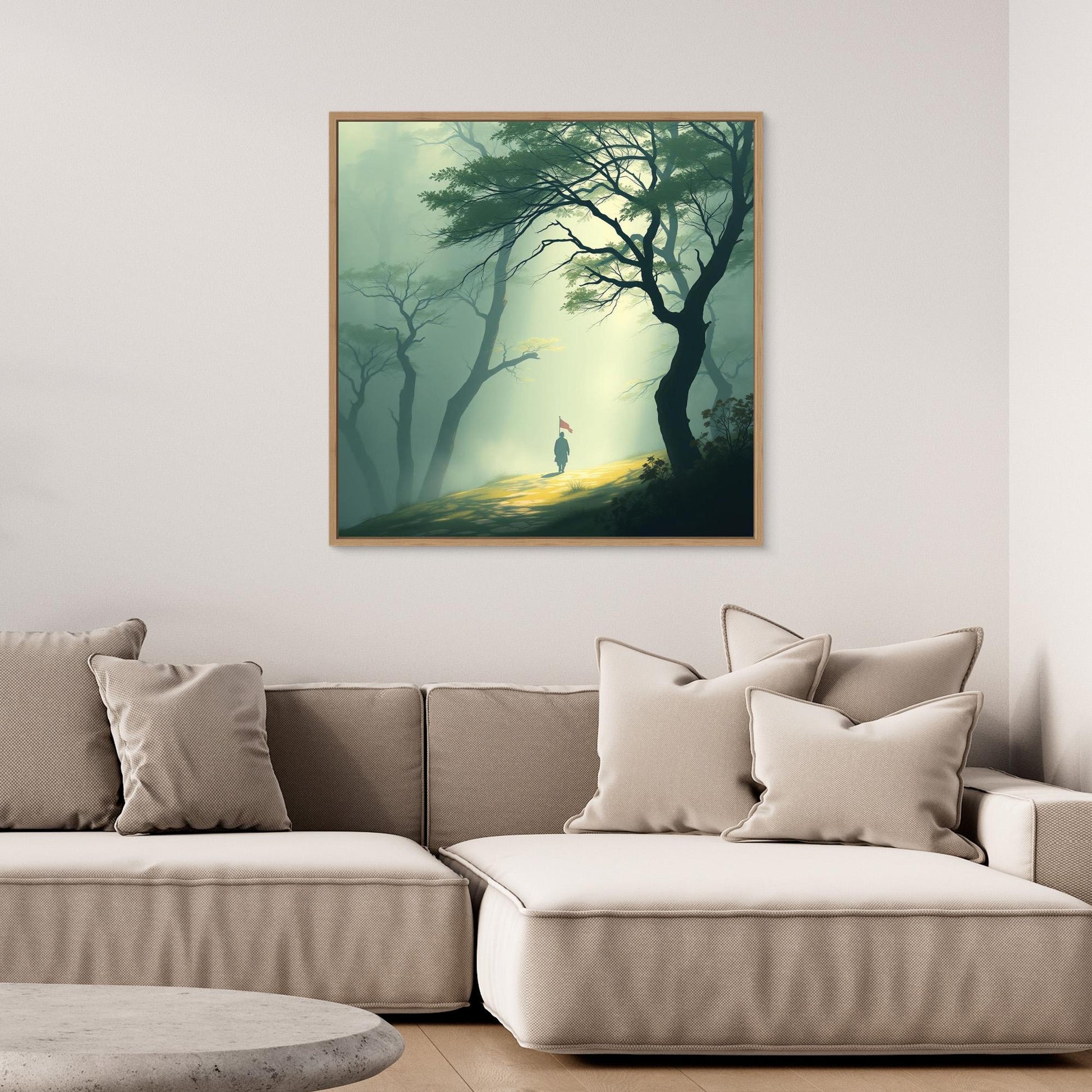 Path of Resolve – Minimalist Forest Canvas Wall Art with Lone Figure and Red Flag