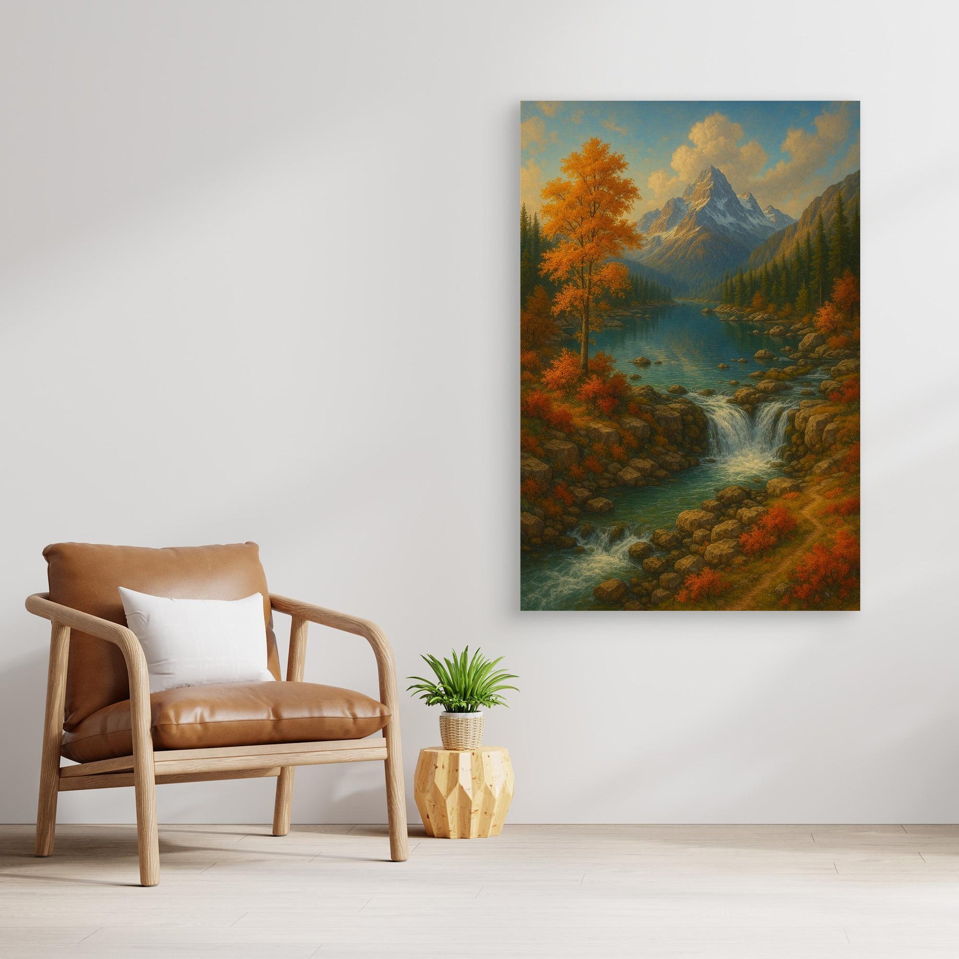 Mountain Waterfall Canvas Wall Art – Autumn Nature Landscape Print