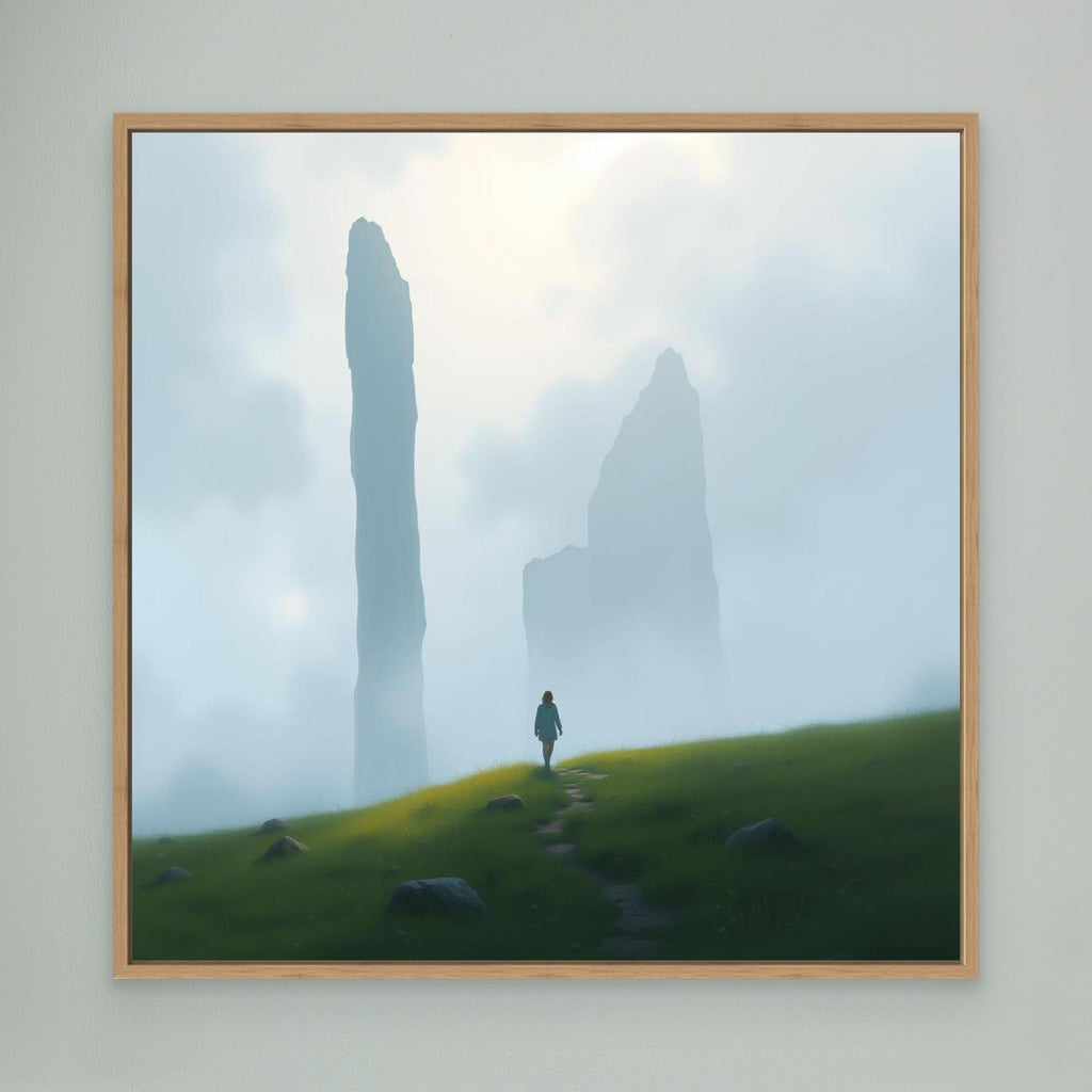 Wanderer of the Mist – Minimalist Nature Canvas Wall Art | Foggy Mountains & Lone Explorer Print