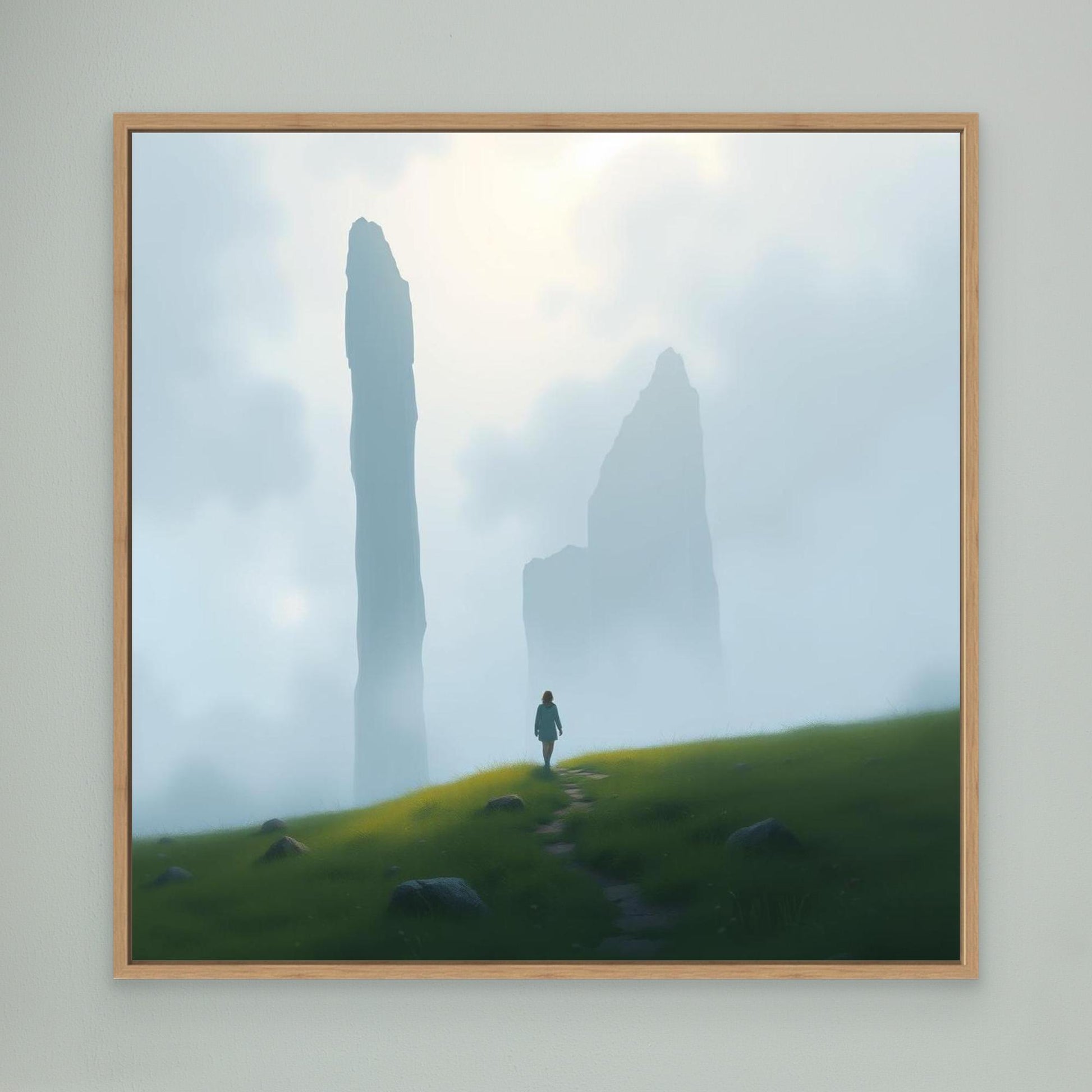 Wanderer of the Mist – Minimalist Nature Canvas Wall Art | Foggy Mountains & Lone Explorer Print