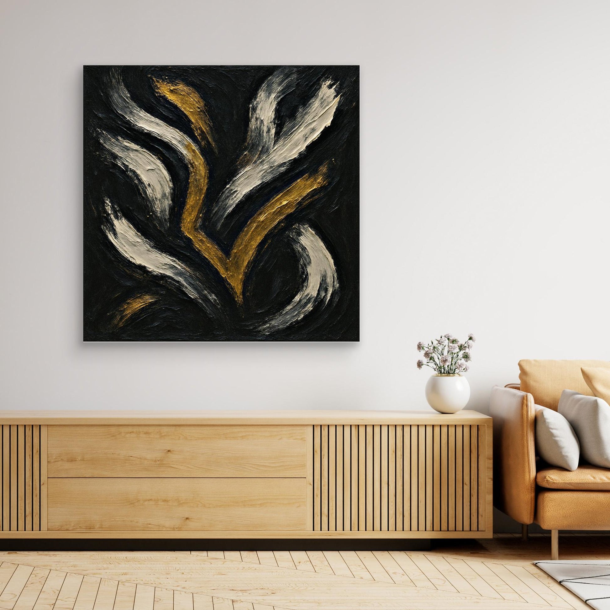 Gold and White Abstract Canvas Wall Art – Flowing Brush Design
