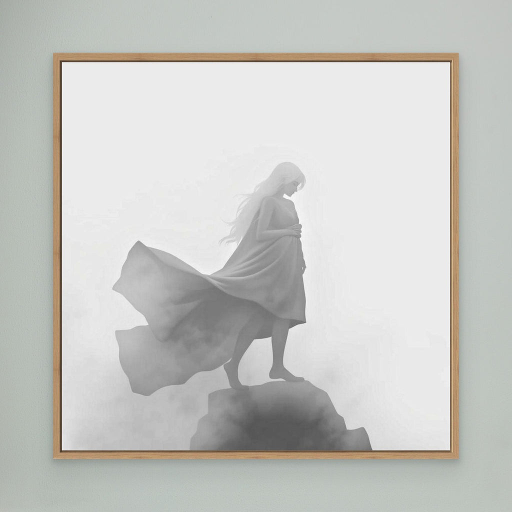 Veil of the Mist – Minimalist Black and White Canvas Wall Art of a Mysterious Woman in the Fog