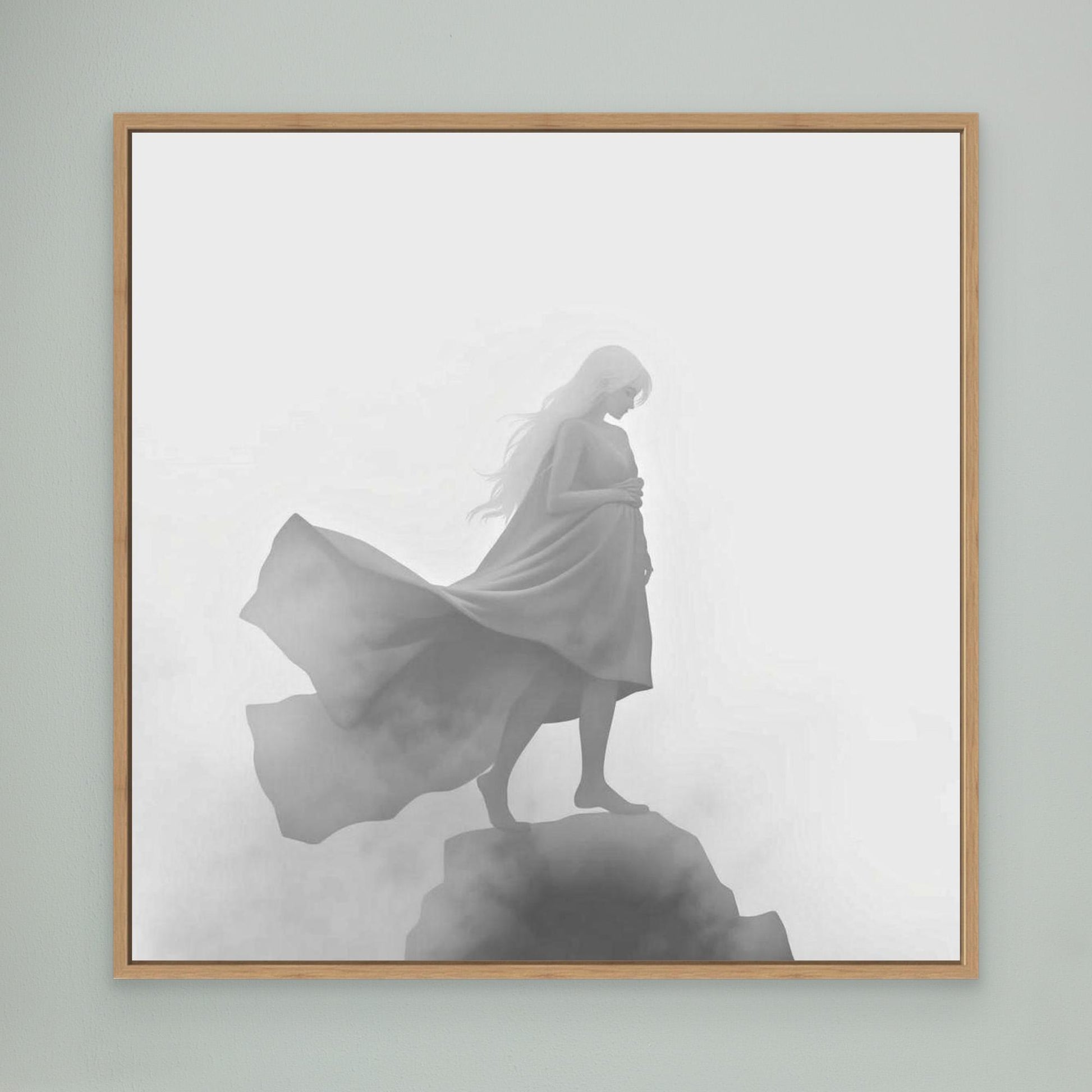Veil of the Mist – Minimalist Black and White Canvas Wall Art of a Mysterious Woman in the Fog