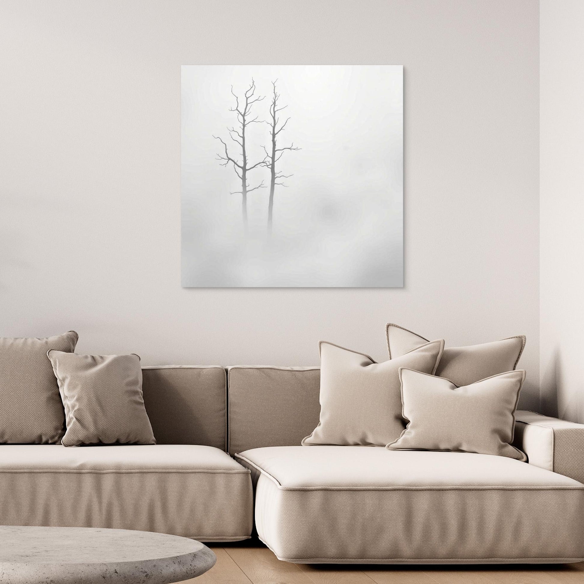 Echoes in the Fog – Minimalist Black and White Nature Canvas Art | Misty Trees Wall Decor