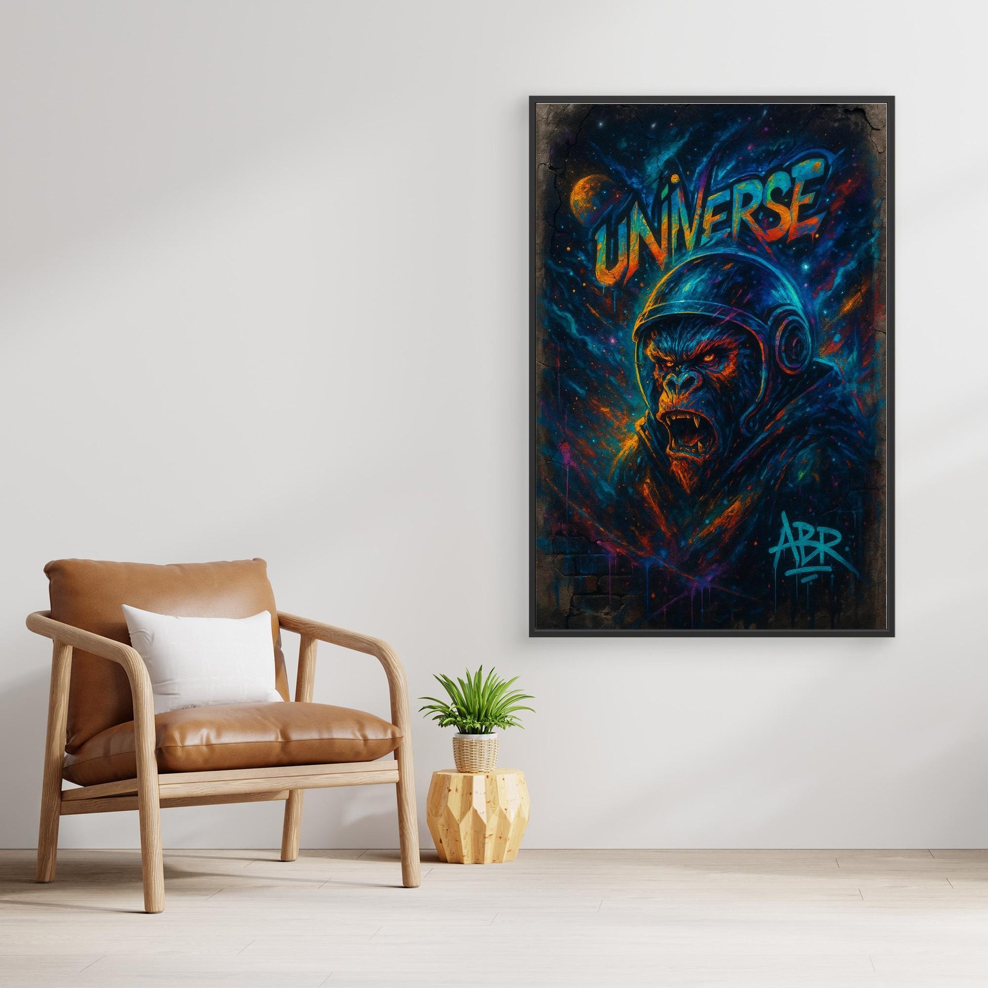 Astronaut Gorilla Canvas Wall Art – Urban Neon Space Graffiti