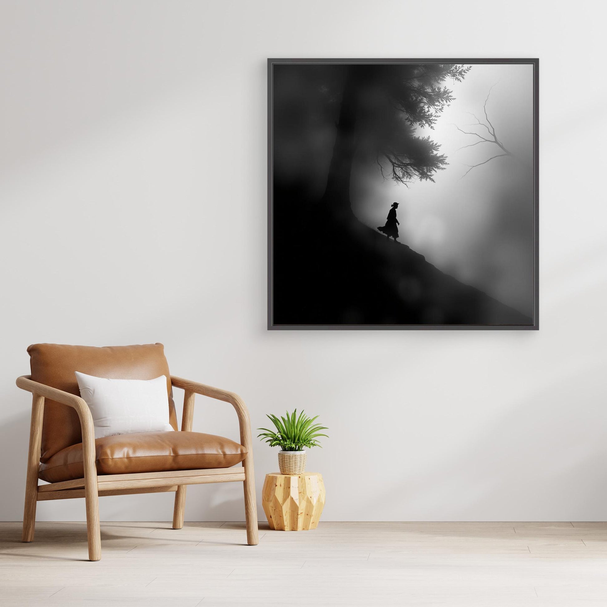 Mystic Walk Through the Fog – Black and White Nature Canvas Wall Art