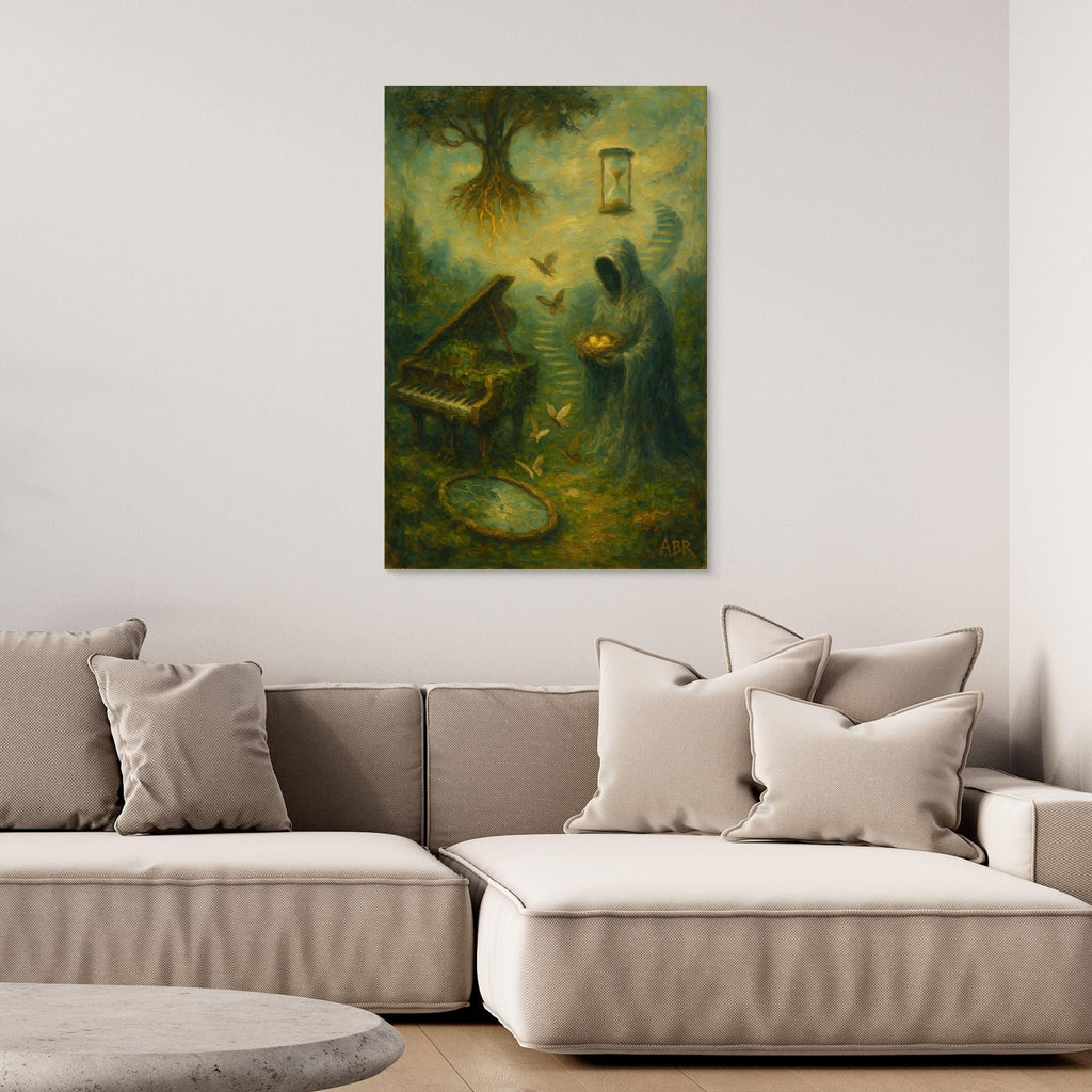 Surreal Canvas Wall Art with Hooded Figure and Piano