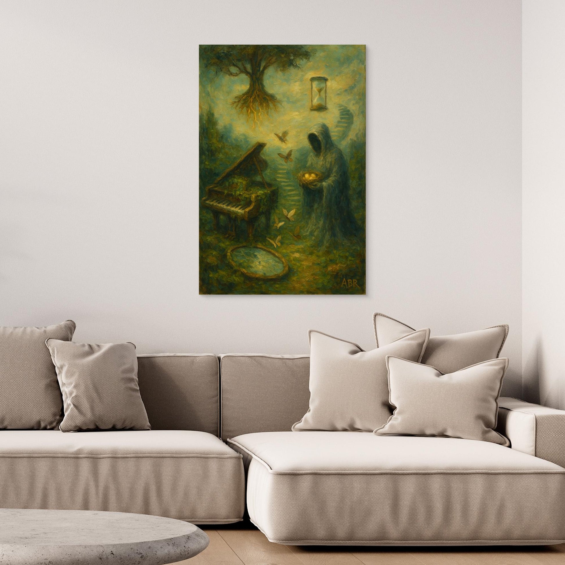 Surreal Canvas Wall Art with Hooded Figure and Piano