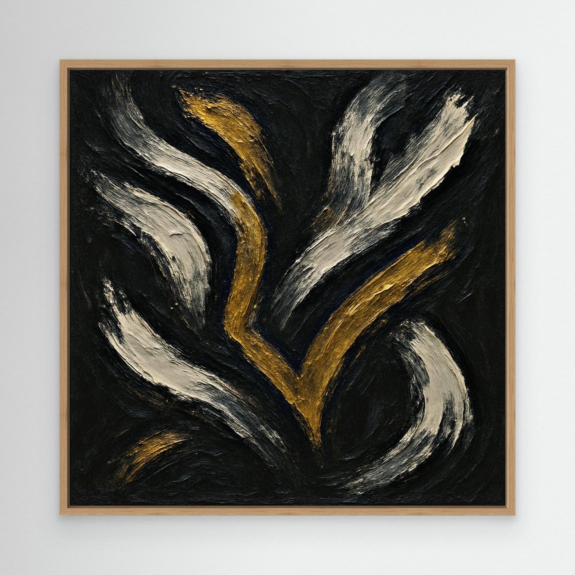 Gold and White Abstract Canvas Wall Art – Flowing Brush Design