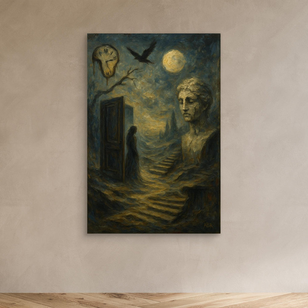 Surreal Dreamscape Canvas Wall Art – Moon and Statue