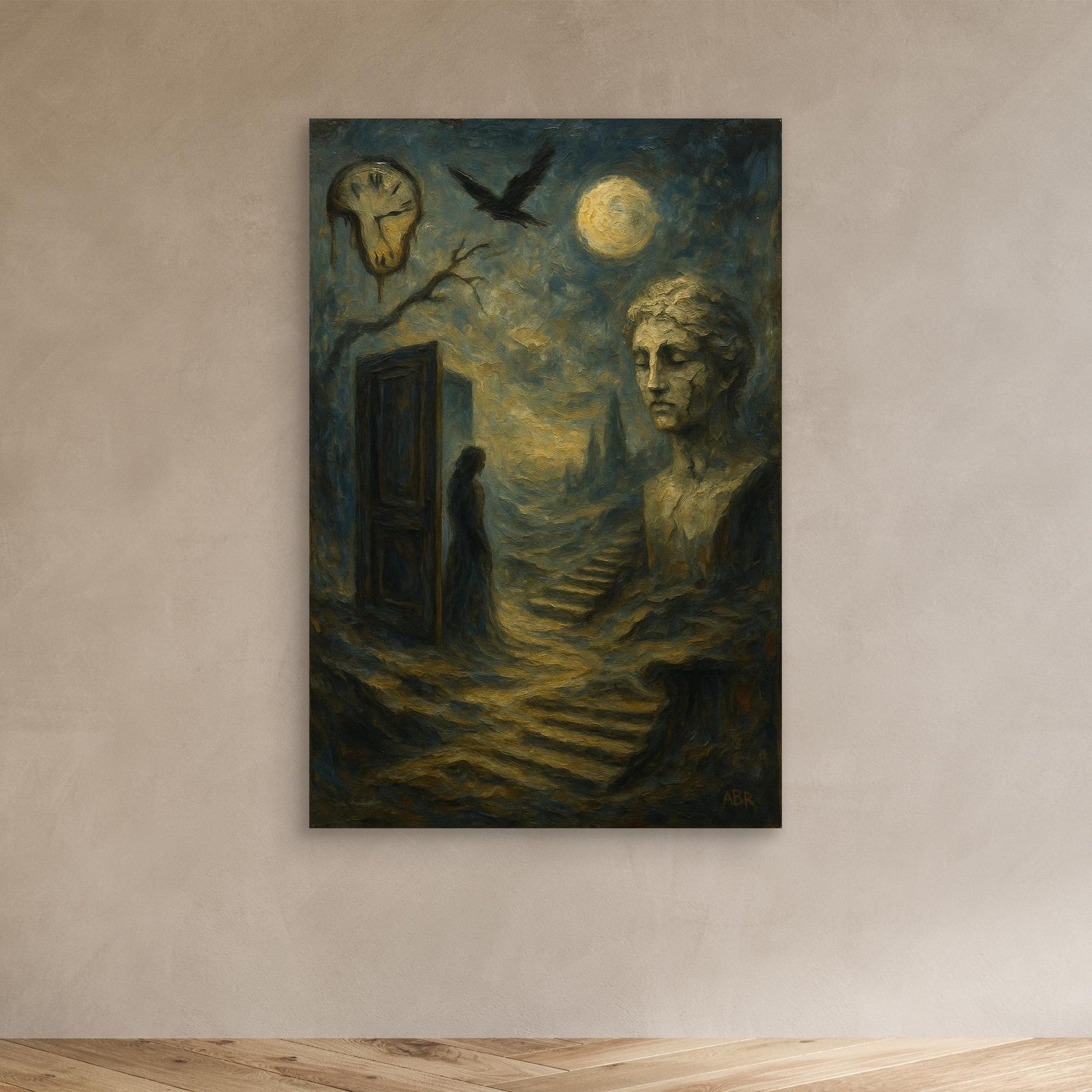 Surreal Dreamscape Canvas Wall Art – Moon and Statue